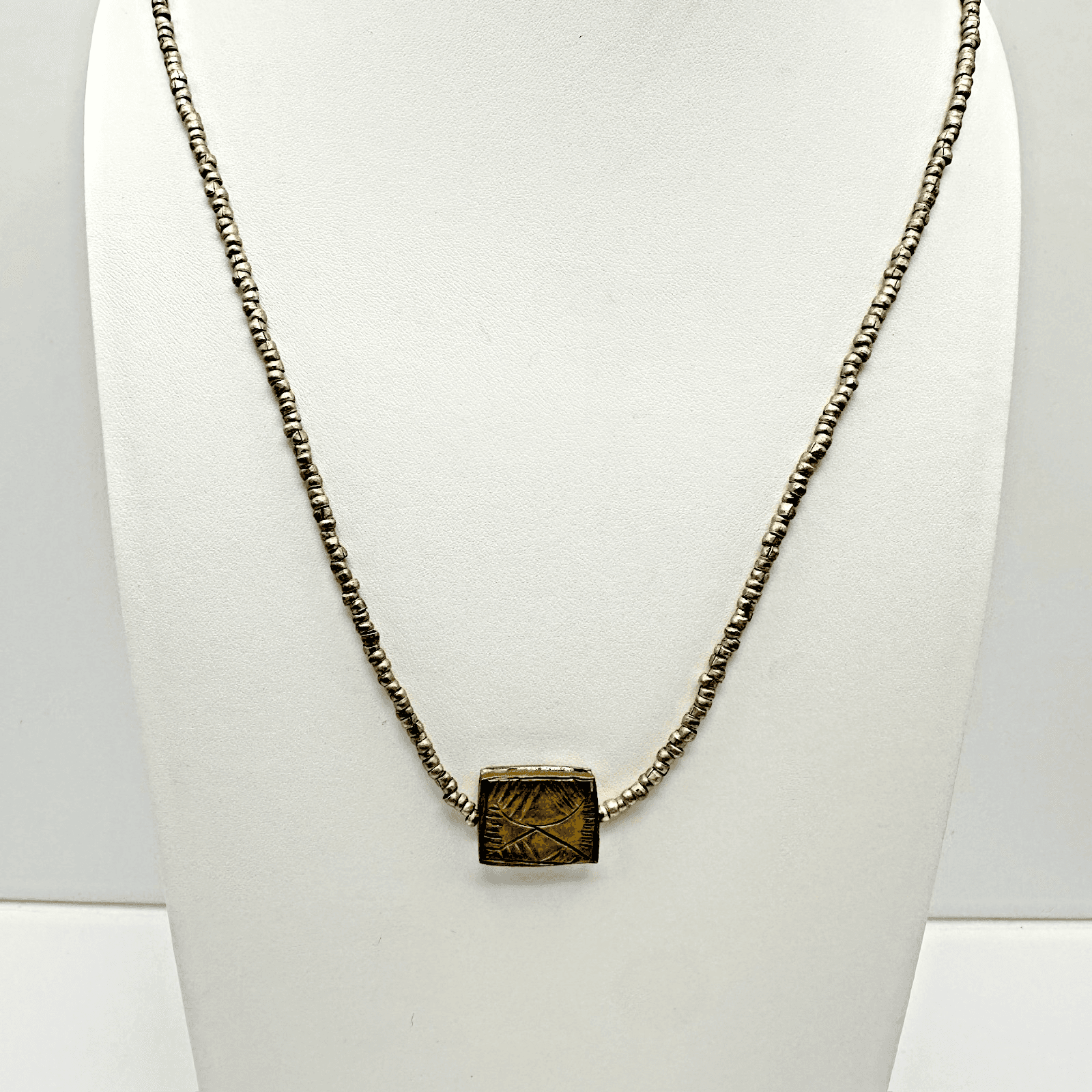 Vintage 90s Rectangular Etched Pendant Necklace Silver Tone Beads Jewelry - Image 1
