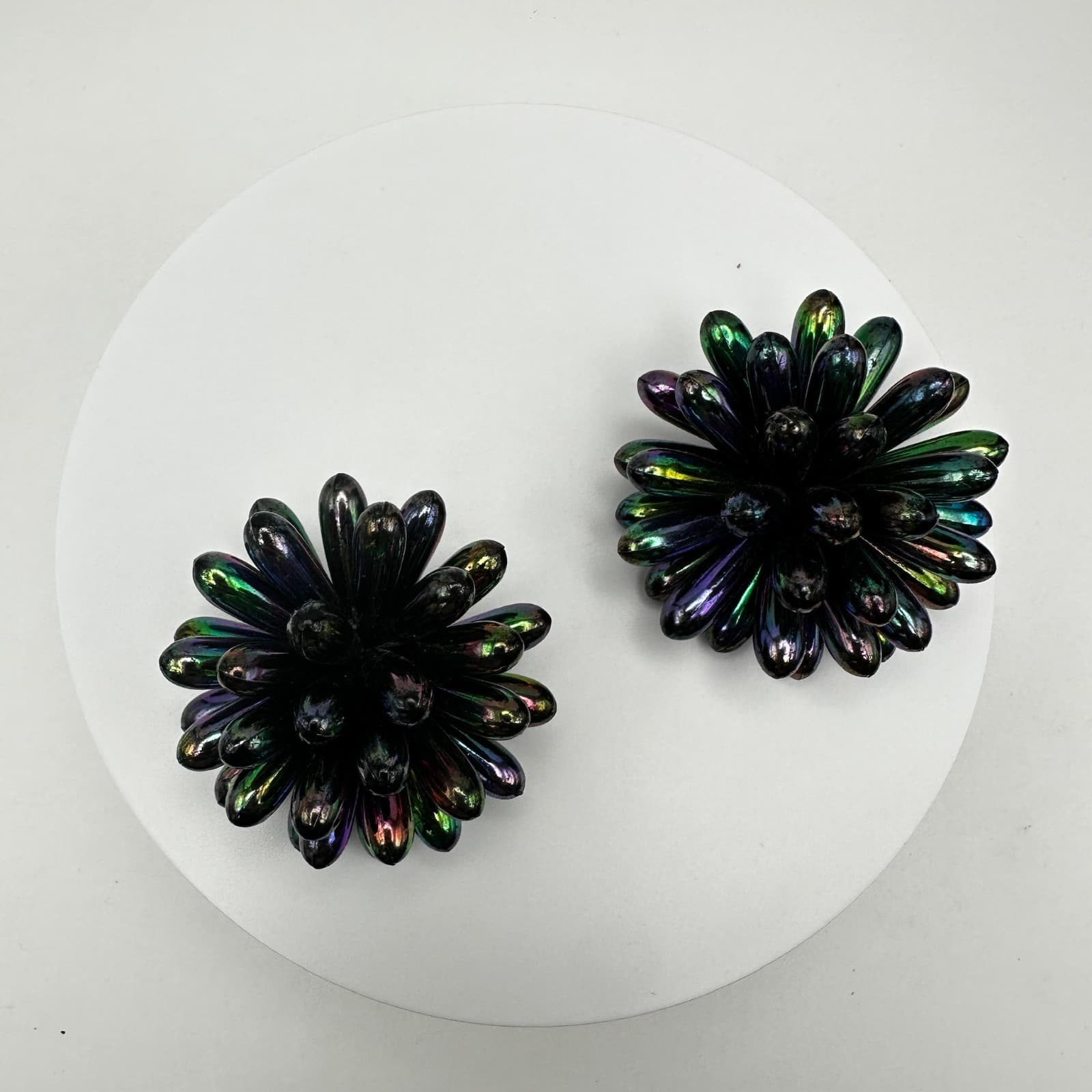 Vintage 80s Iridescent Oil Slick Burst Earrings Floral Statement Women's Jewelry - Image 1