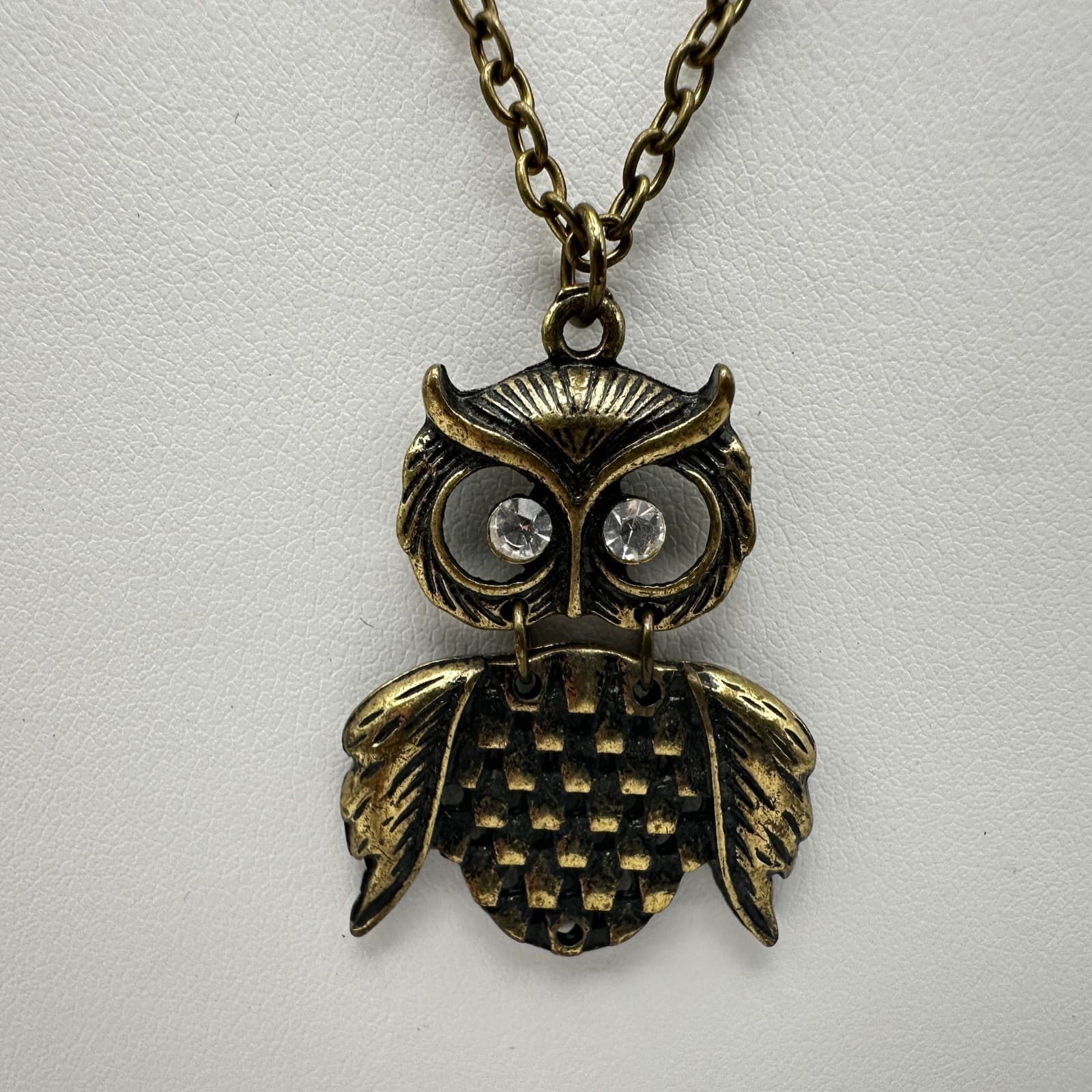 Vintage 90s Bronze Owl Pendant Necklace Crystal Eyes Boho Whimsical Jewelry - Image 1