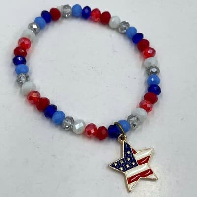 Vintage Patriotic Red White Blue Beaded Bracelet American Flag Star Charm USA - Image 1