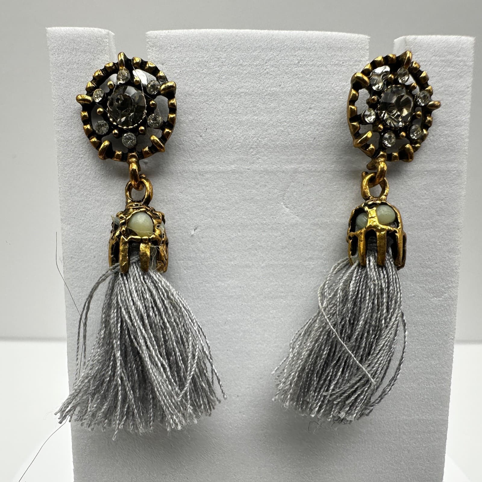 Vintage 90s Grey Tassel Gold Tone Earrings Rhinestone Dangle Fashion Jewelry - Image 1