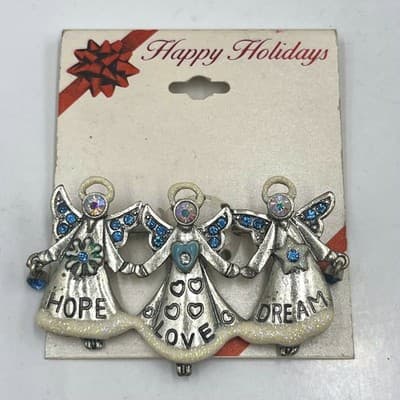 Vintage Silver Tone Three Angels Brooch Pin Hope Love Dream Blue Crystal Enamel - Image 1
