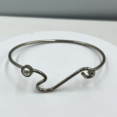Vintage Silver Tone Faux Pearl Hook Bangle Bracelet Minimalist Modernist Jewelry - Image 1