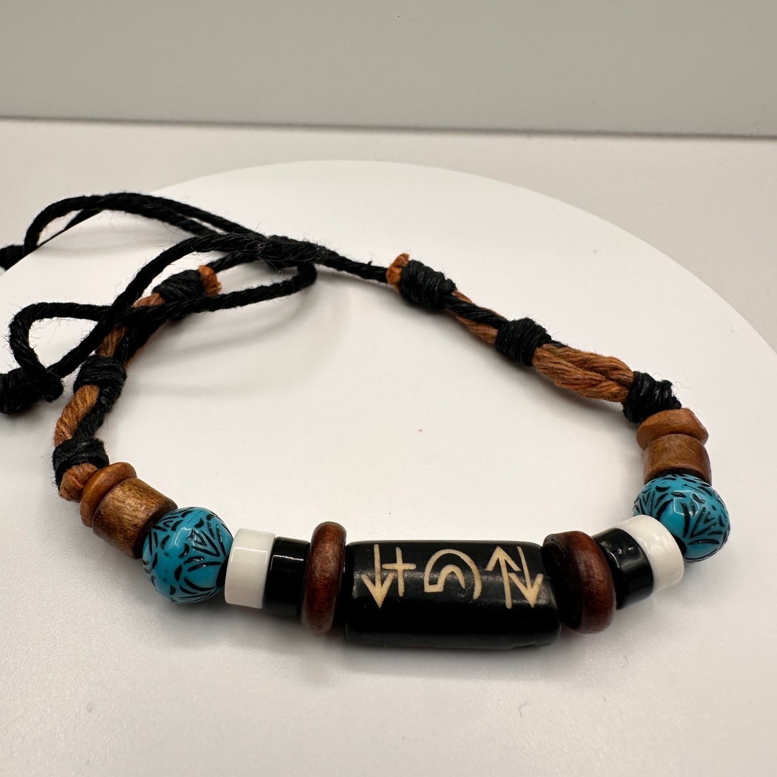 Vintage 90s Tribal Beaded Cord Bracelet Blue Black Stone Wood Boho Jewelry - Image 1