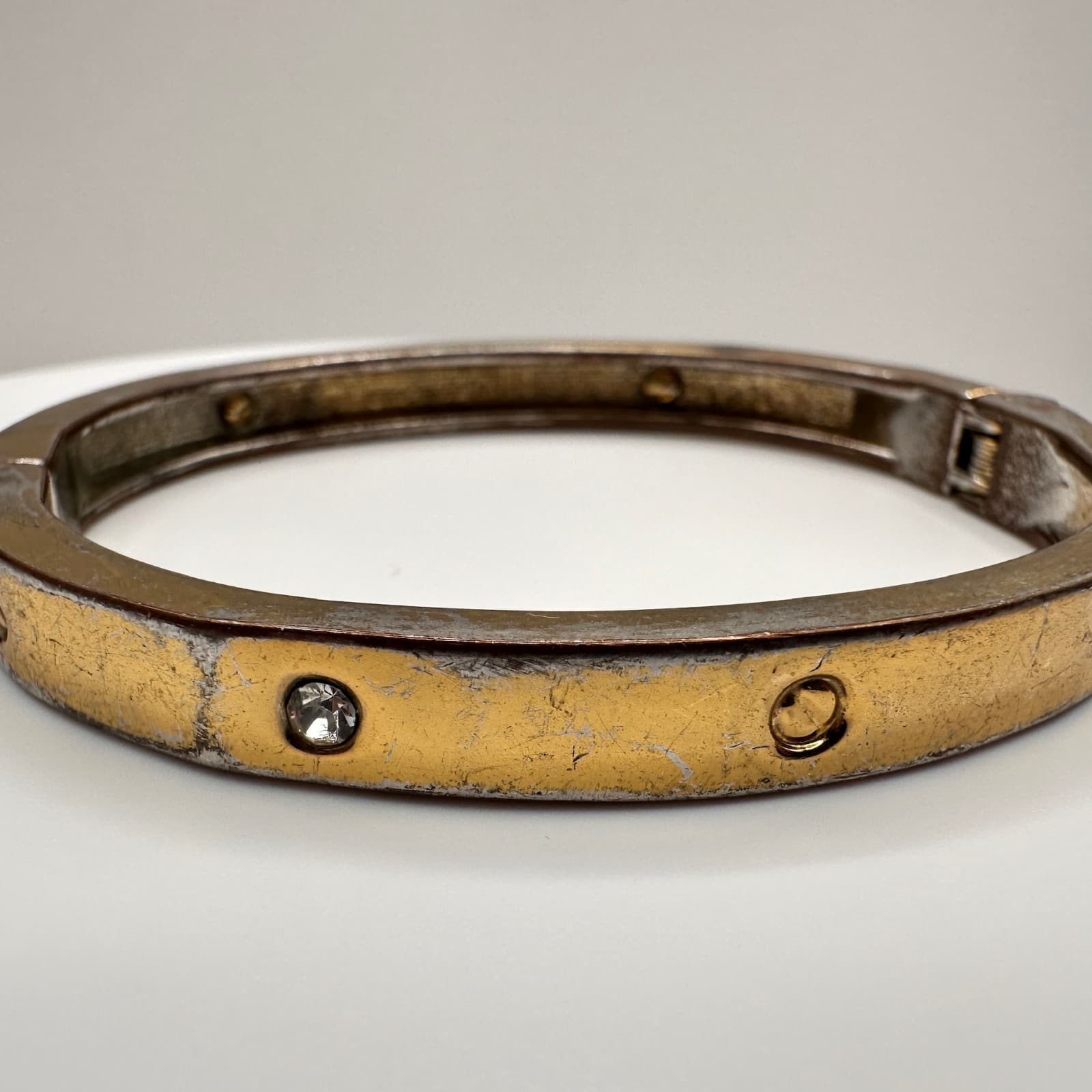 Vintage 90s Gold Tone Hinged Bangle Bracelet Crystal Accent Fashion Jewelry - Image 1