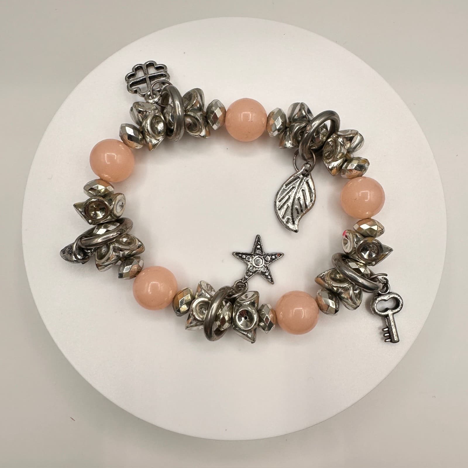 Vintage 90s Charm Bracelet Pink Bead Silver Tone Key Leaf Star Dangle Jewelry - Image 1