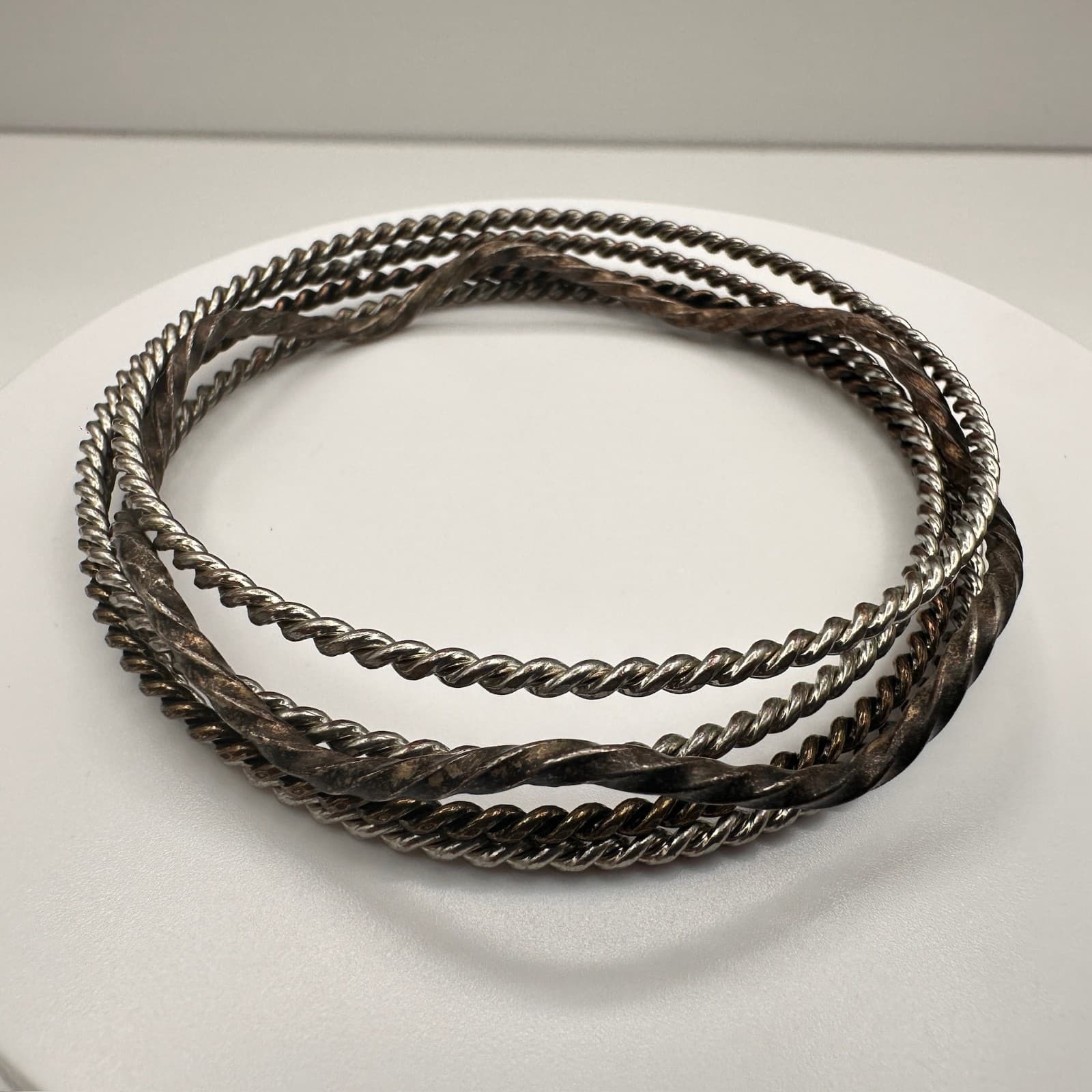 Vintage 80s Boohoo Stackable Twisted Metal Bangles Set Of 3 Bohemian Jewelry - Image 1