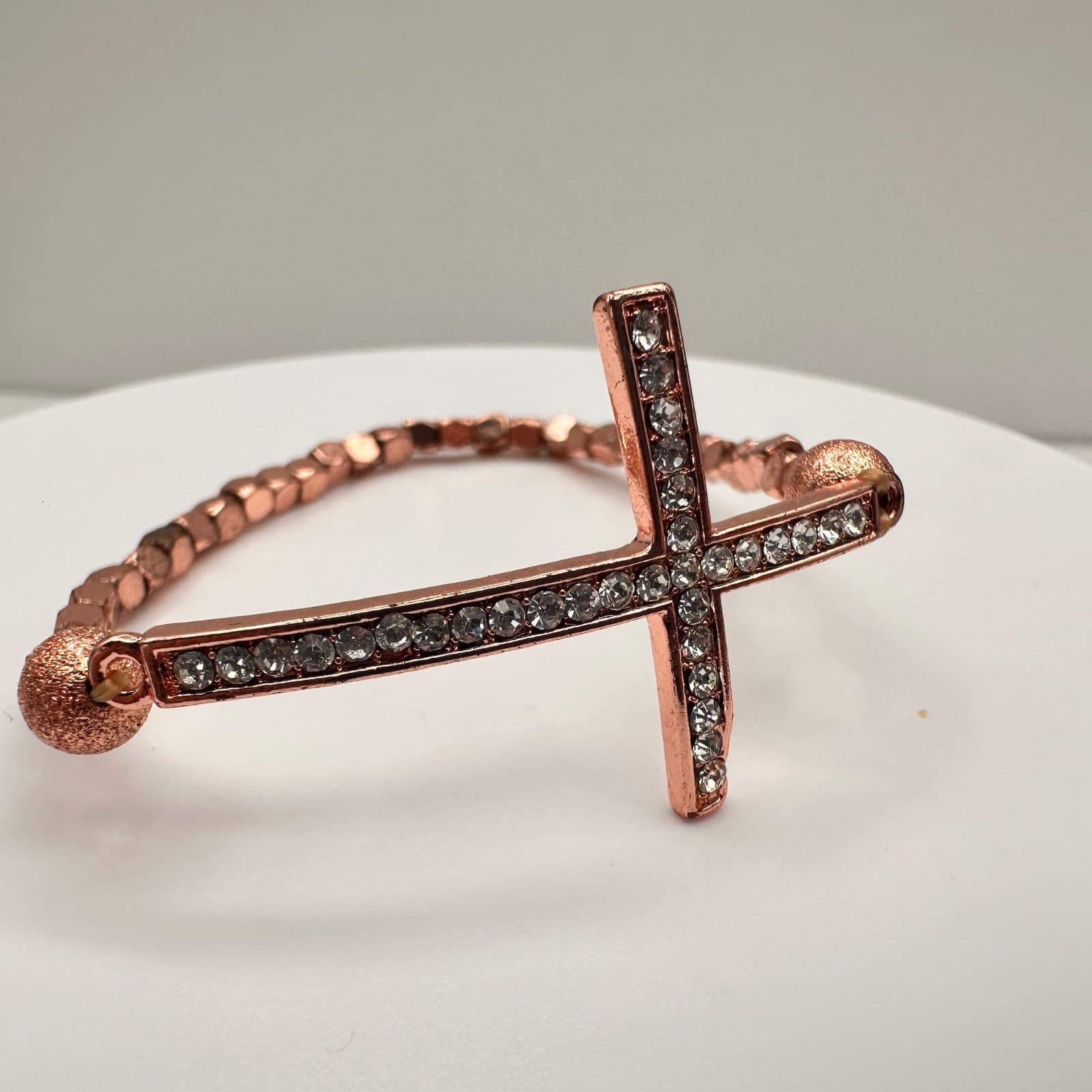 Vintage Y2K Rose Gold Tone Sideways Cross Bracelet Clear Rhinestone Beaded - Image 1