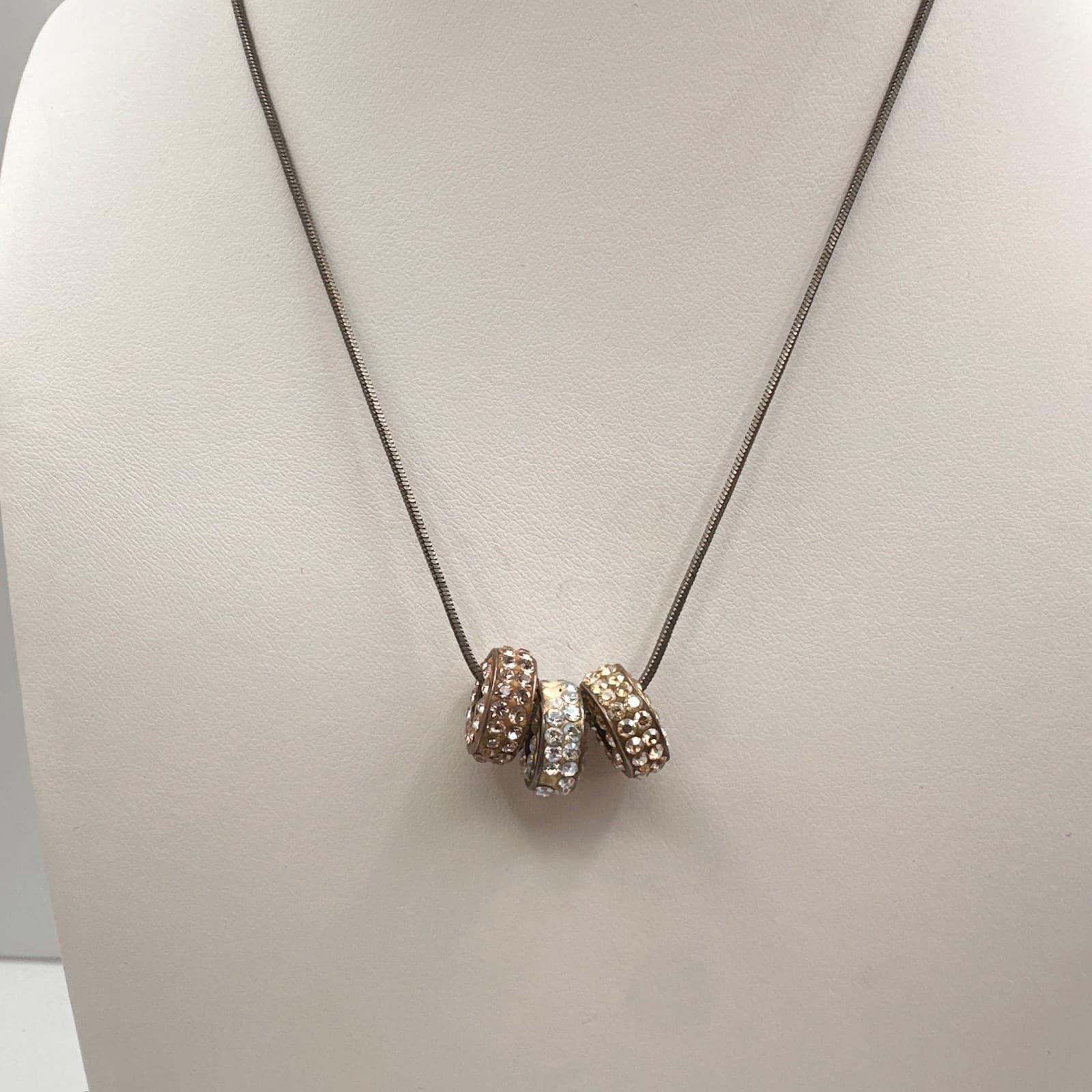 Vintage Y2K Rhinestone Slide Roller Charm Necklace Silver Tone Snake Chain - Image 1