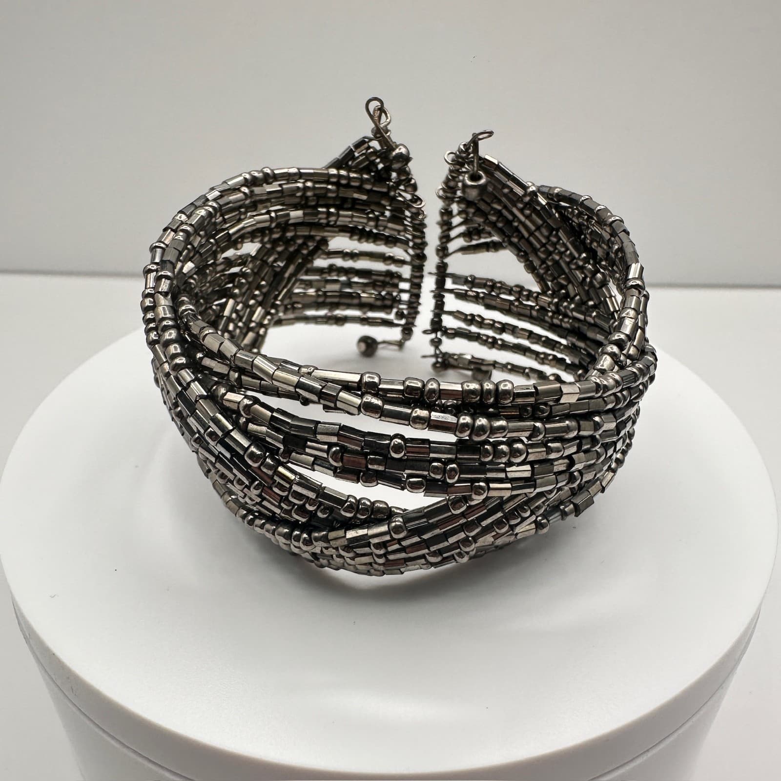 Vintage 90s Silver Tone Multi-Strand Beaded Wide Cuff Bracelet Women's Jewelry - Image 1