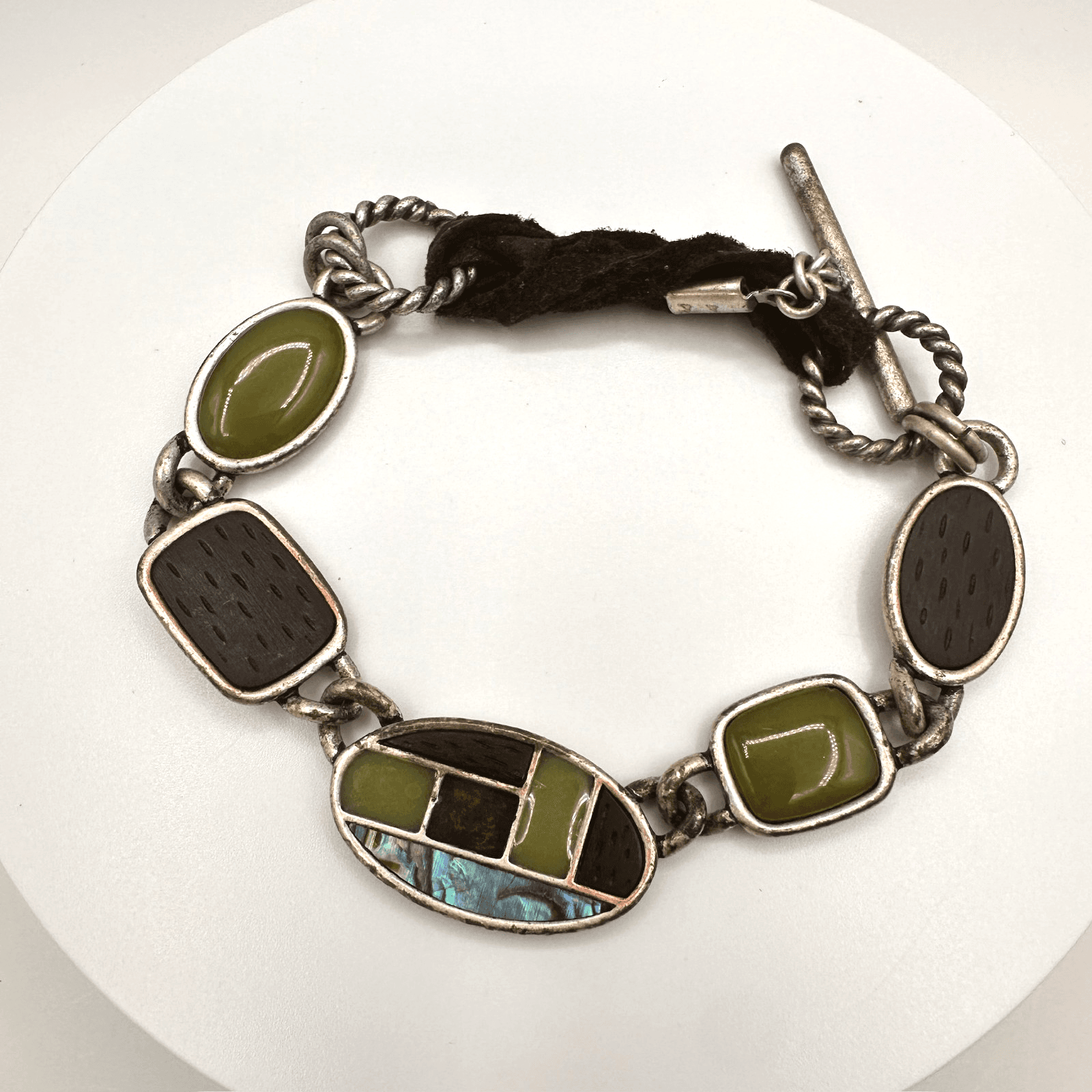 Vintage Y2K Abalone Shell Inlay Bracelet Green Cabochon Stone Silver Tone Toggle - Image 1