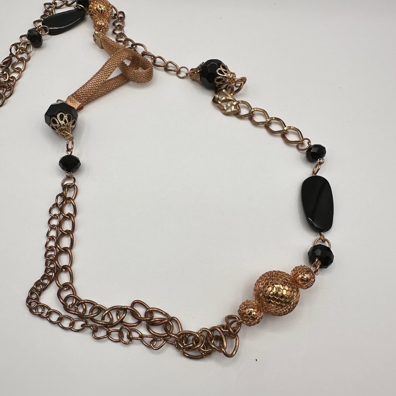 Vintage Black Bead Long Necklace Layered Chain Mesh Pendant Gold Tone Jewelry - Image 1
