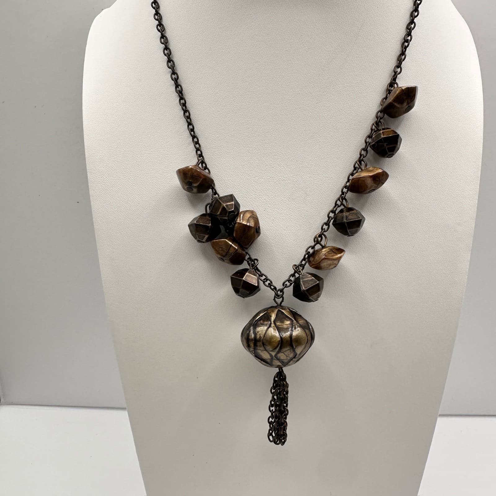 Vintage 80s Boho Statement Necklace Brown Beaded Pendant Chain Tassel Jewelry - Image 1