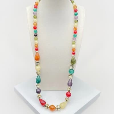 Vintage Long multi color bead necklace gold-tone spacers Teardrop 30 Inch - Image 1