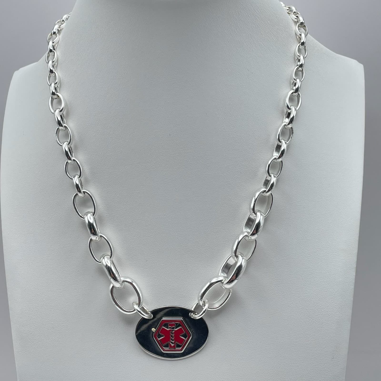 Vintage 90s Medical Alert Necklace Diabetic Silver Tone Thick Oval Link Chain - Image 1