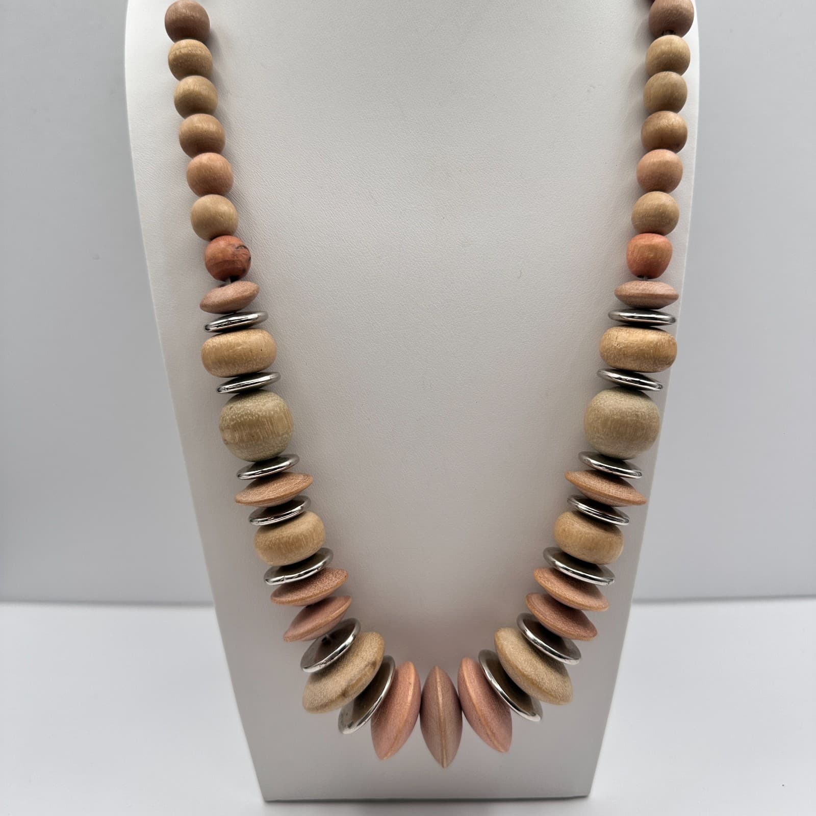 Vintage 90s Wooden Bead Statement Necklace Silver Tone Spacers Boho Jewelry - Image 1