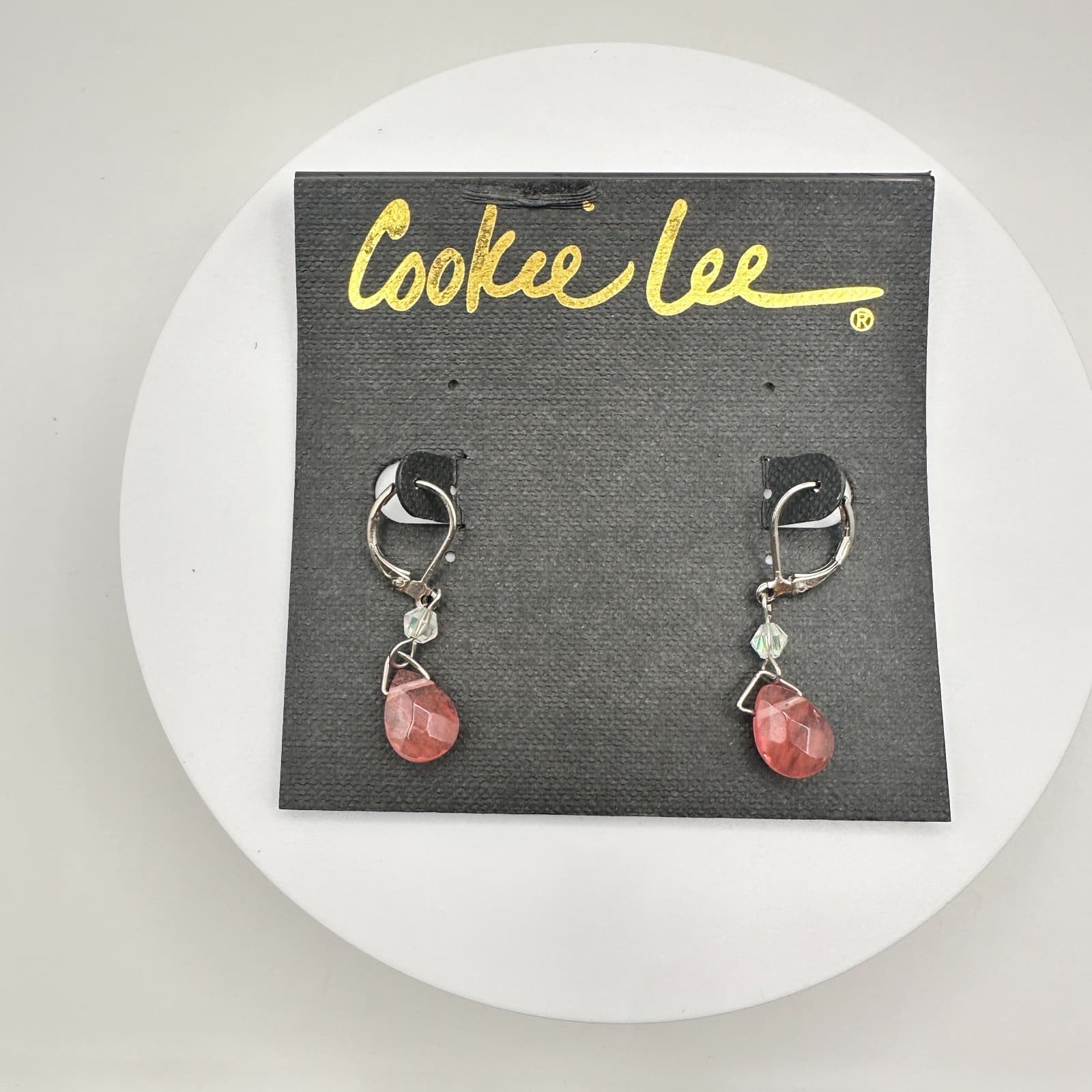 Vintage 90s Cookie Lee Silver Tone Pink Glass Teardrop Earrings Jewelry - Image 1