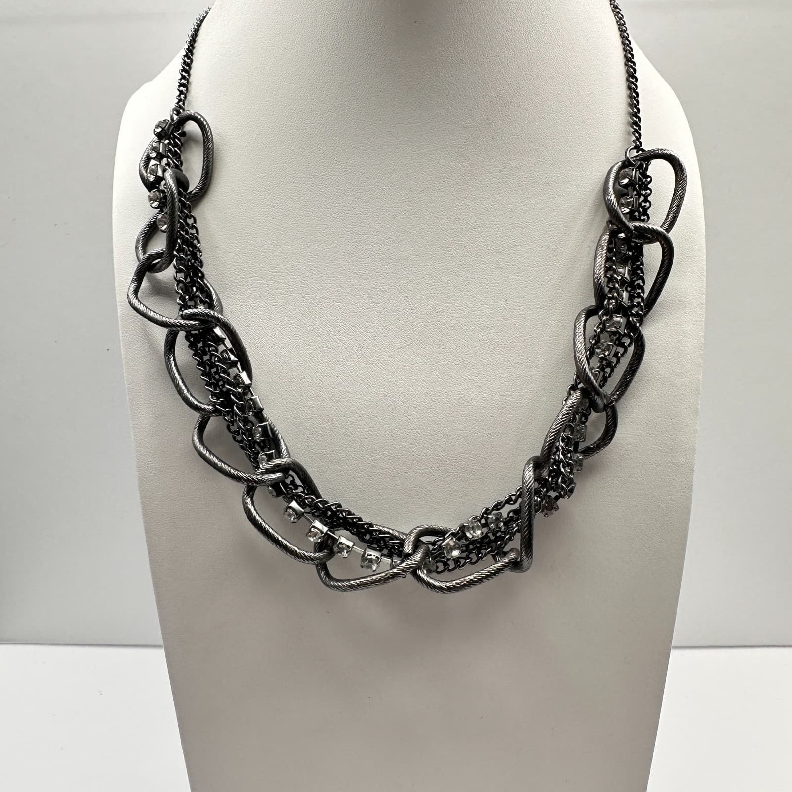 Vintage 90s Cookie Lee Silver Tone Twisted Chain Rhinestone Choker Necklace - Image 1