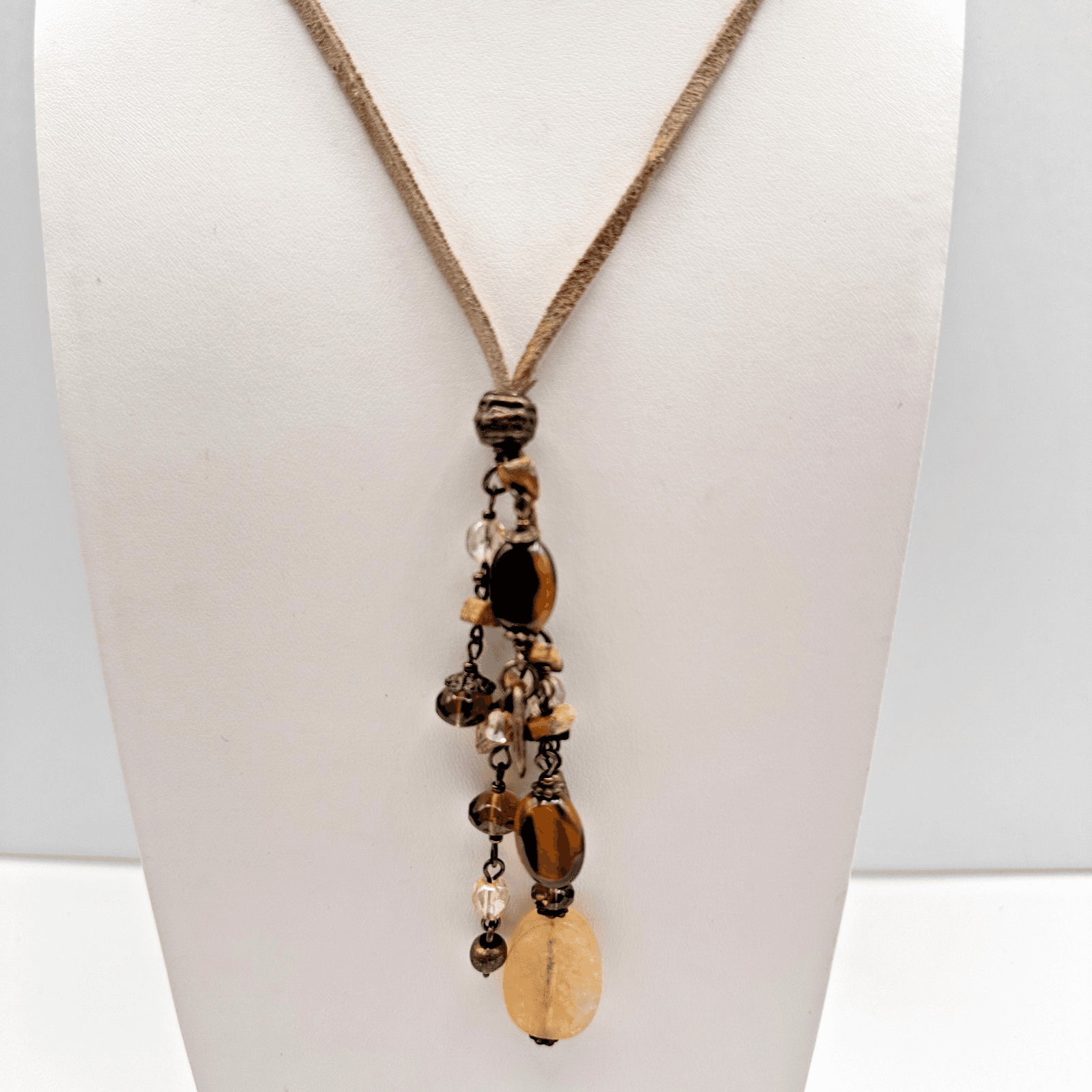 Vintage 90s Earth Tone Beaded Tassel Necklace Boho Leather Cord Women's Jewelry - Image 1