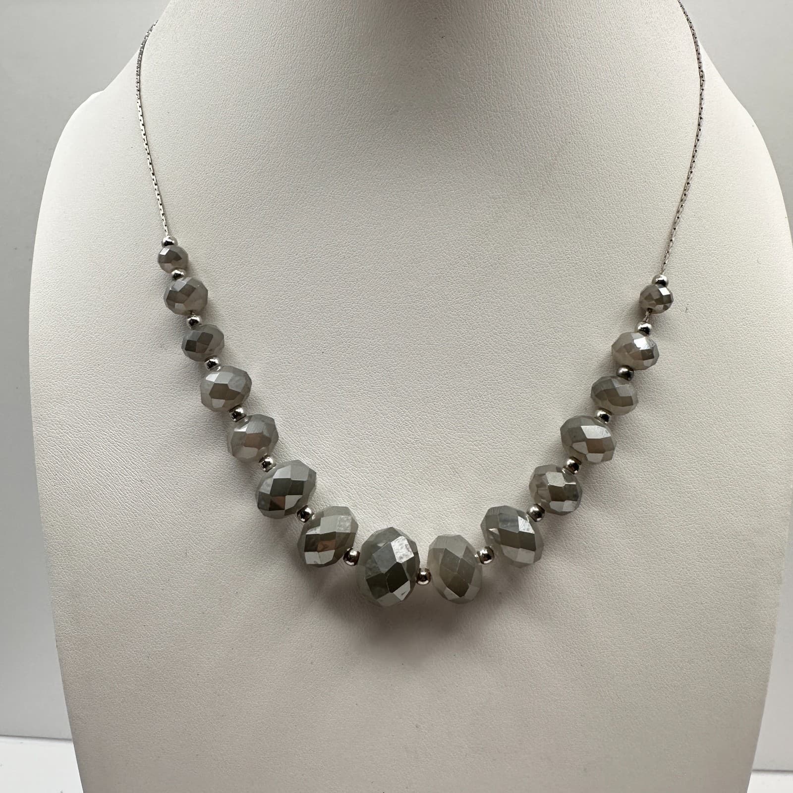 Vintage 90s Graduated Silver Grey Faceted Bead Necklace Choker Jewelry - Image 1