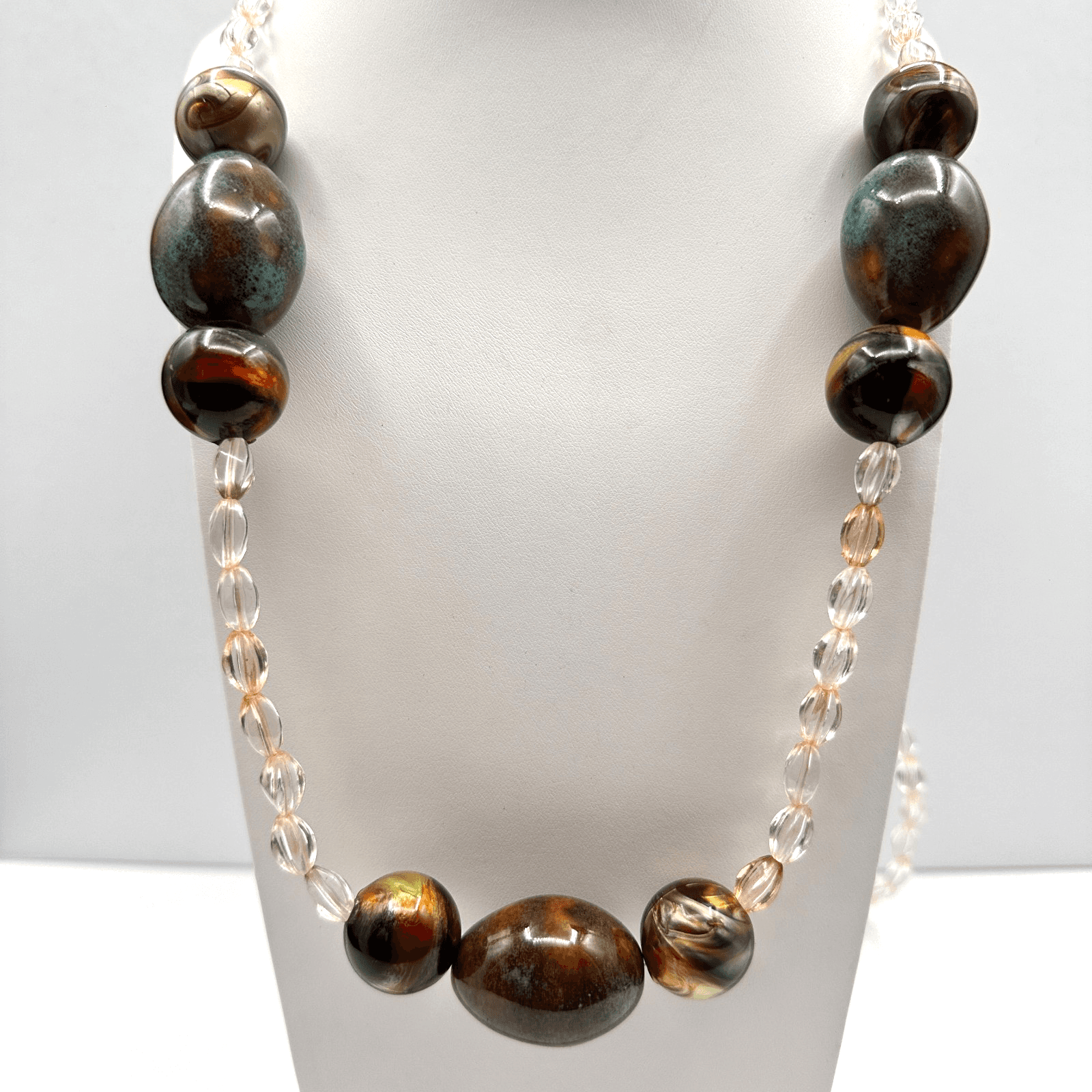 Vintage 90s Chunky Multi-Color Glass Bead Necklace Iridescent Earth Tone Jewelry - Image 1