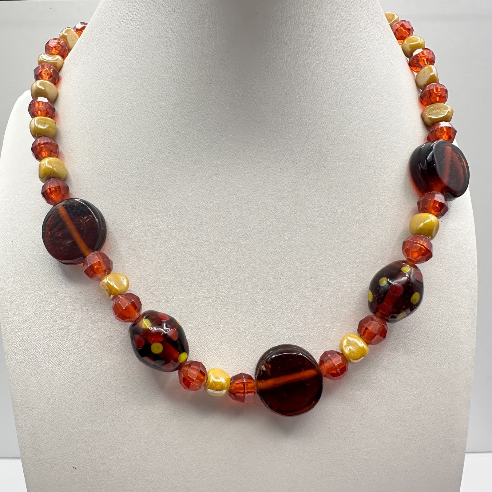 Vintage 90s Amber Glass Bead Necklace Earth Tone Boho Statement Women's Jewelry - Image 1