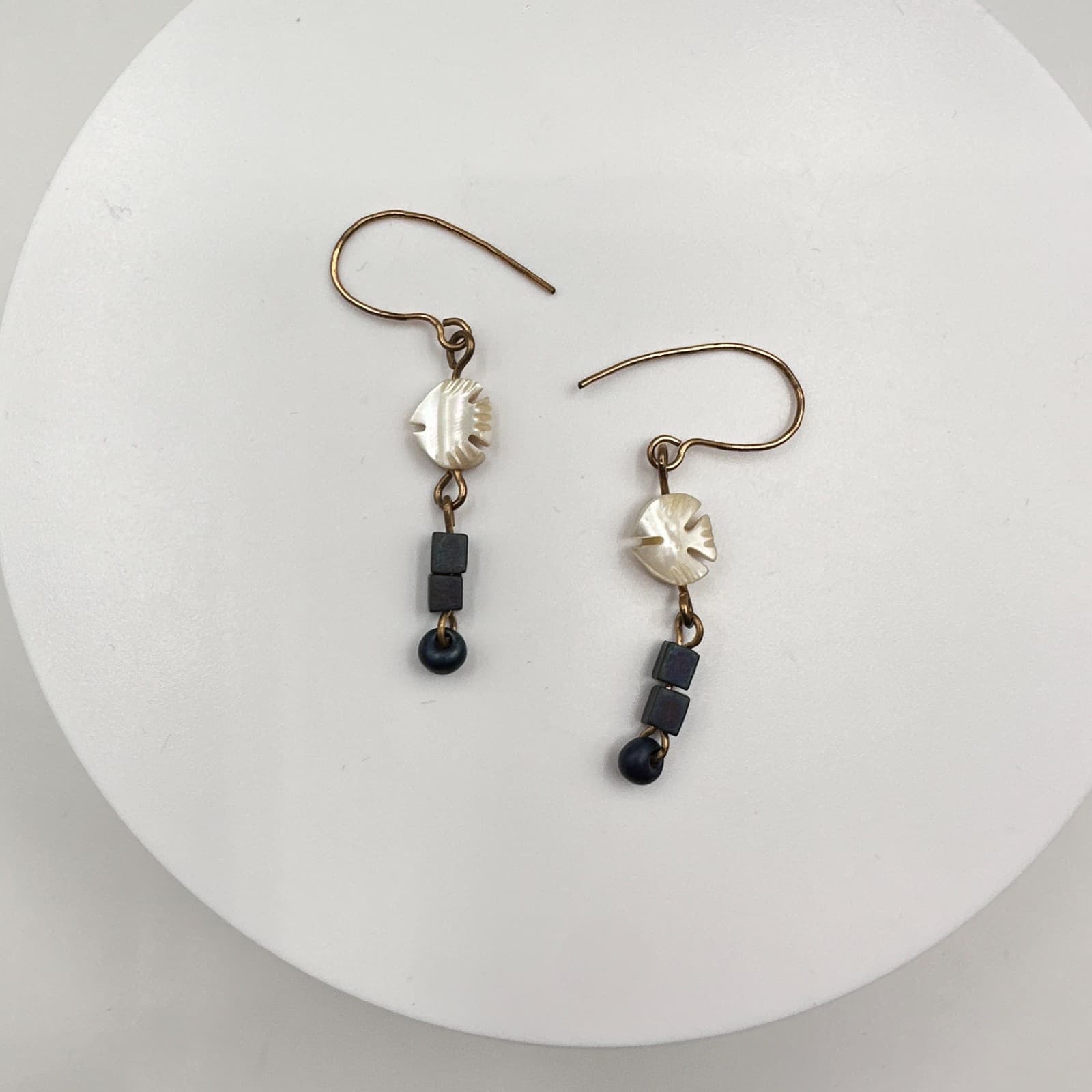 Vintage 90s Carved Fish Dangle Earrings Cube Beaded Boho Women's Classic Jewelry - Image 1