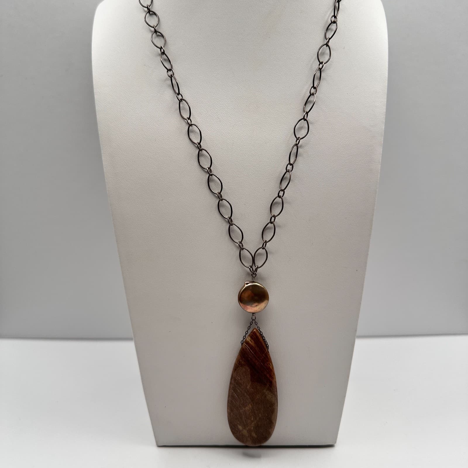 Vintage 90s Silver Jasper Teardrop Pearl Statement Necklace Boho Women's Jewelry - Image 1