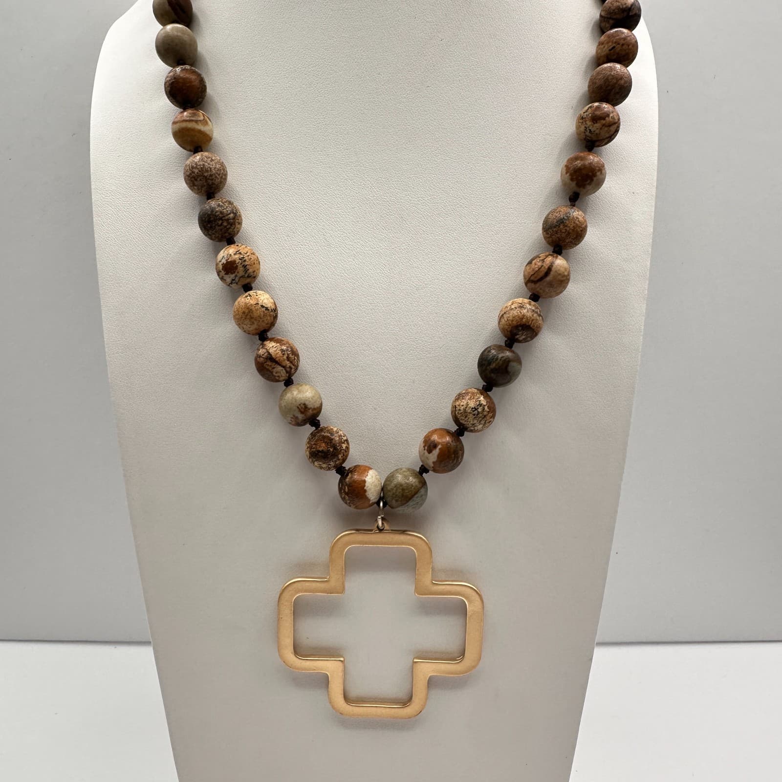 Vintage 90s Jasper Stone Beaded Necklace Gold Tone Open Cross Pendant Jewelry - Image 1