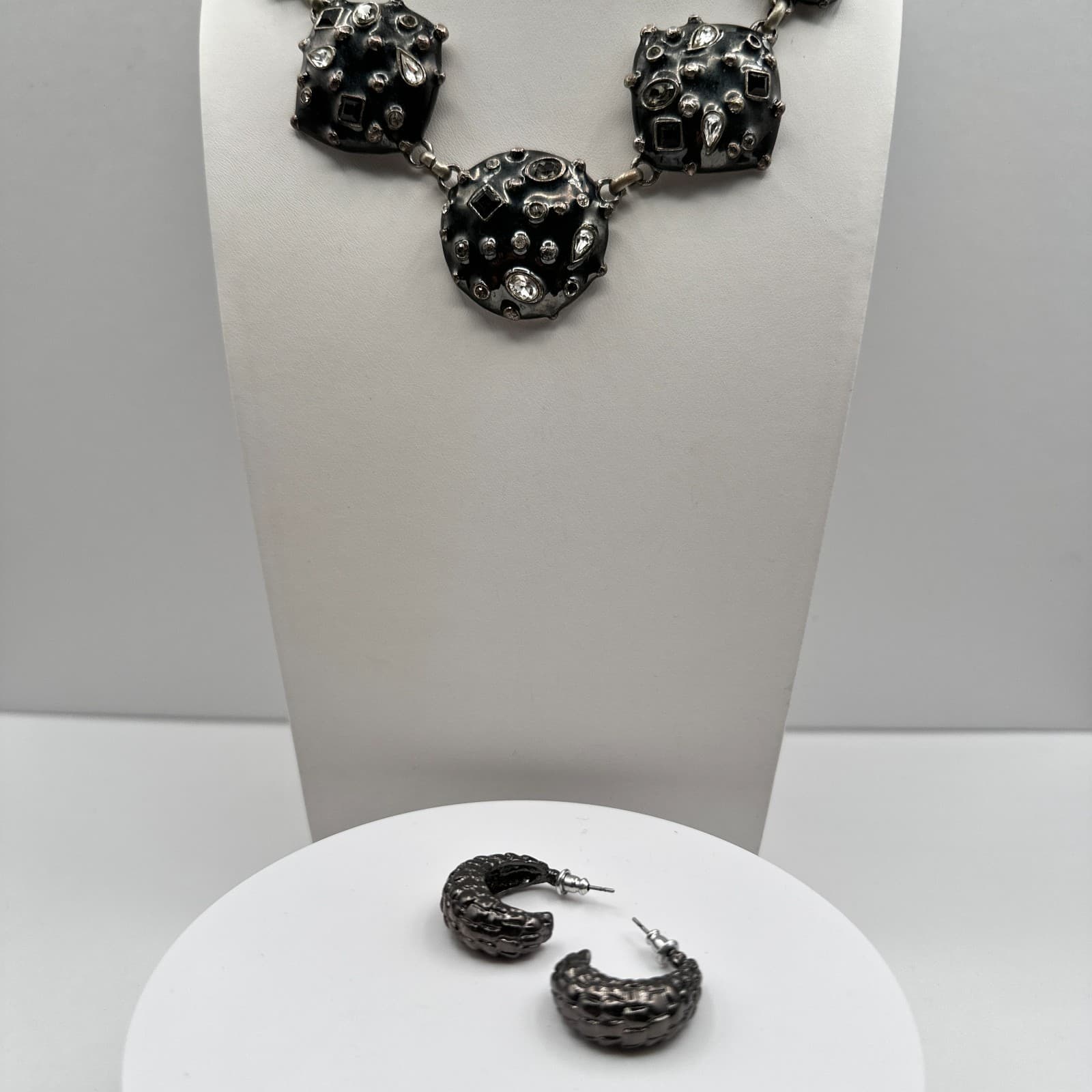 Vintage 90s Black Enamel Rhinestone Jewelry Set Silver-Tone Chunky Retro Hoop - Image 1