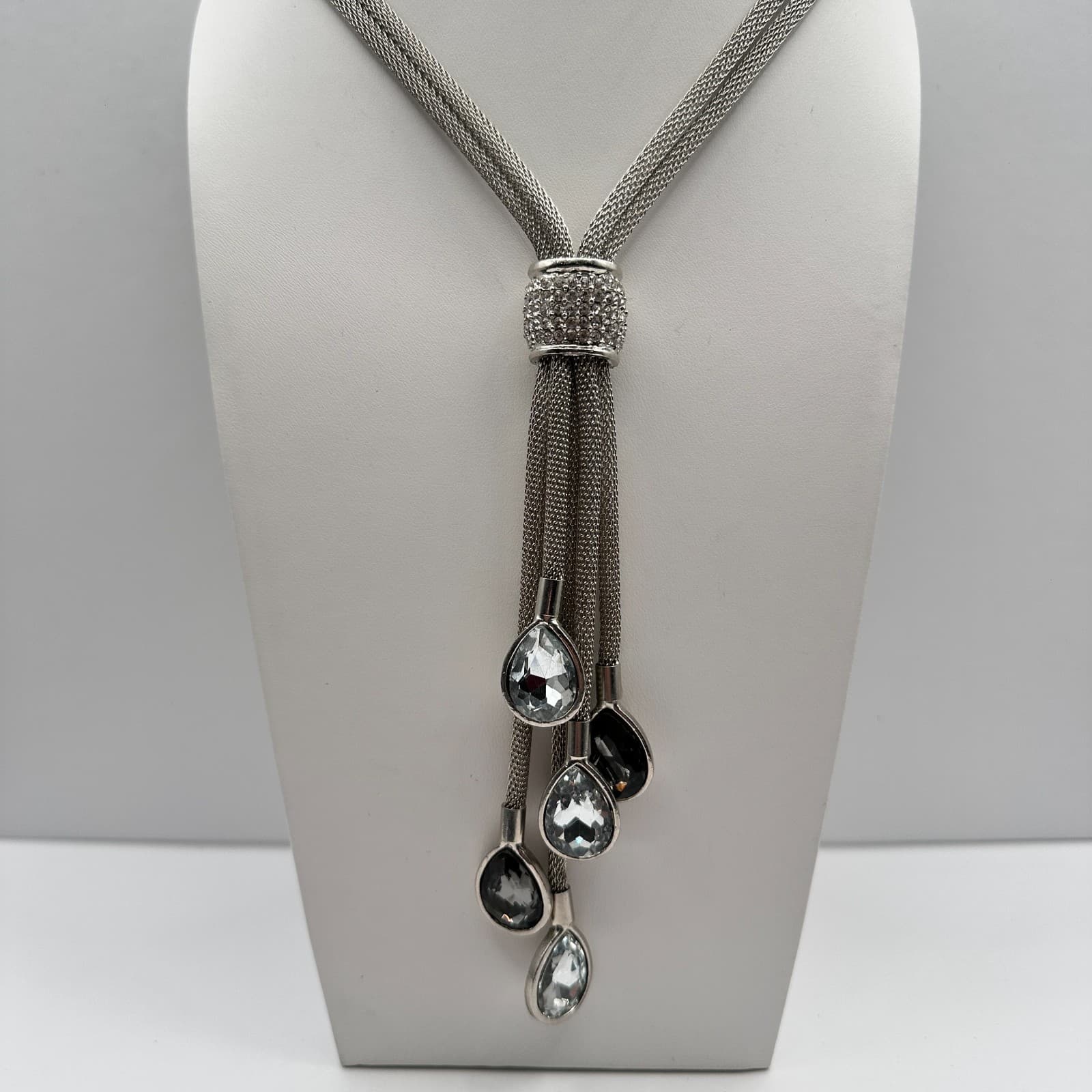 Vintage 90s Y2K Silver Tone Mesh Lariat Tassel Necklace Teardrop Glass Jewelry - Image 1