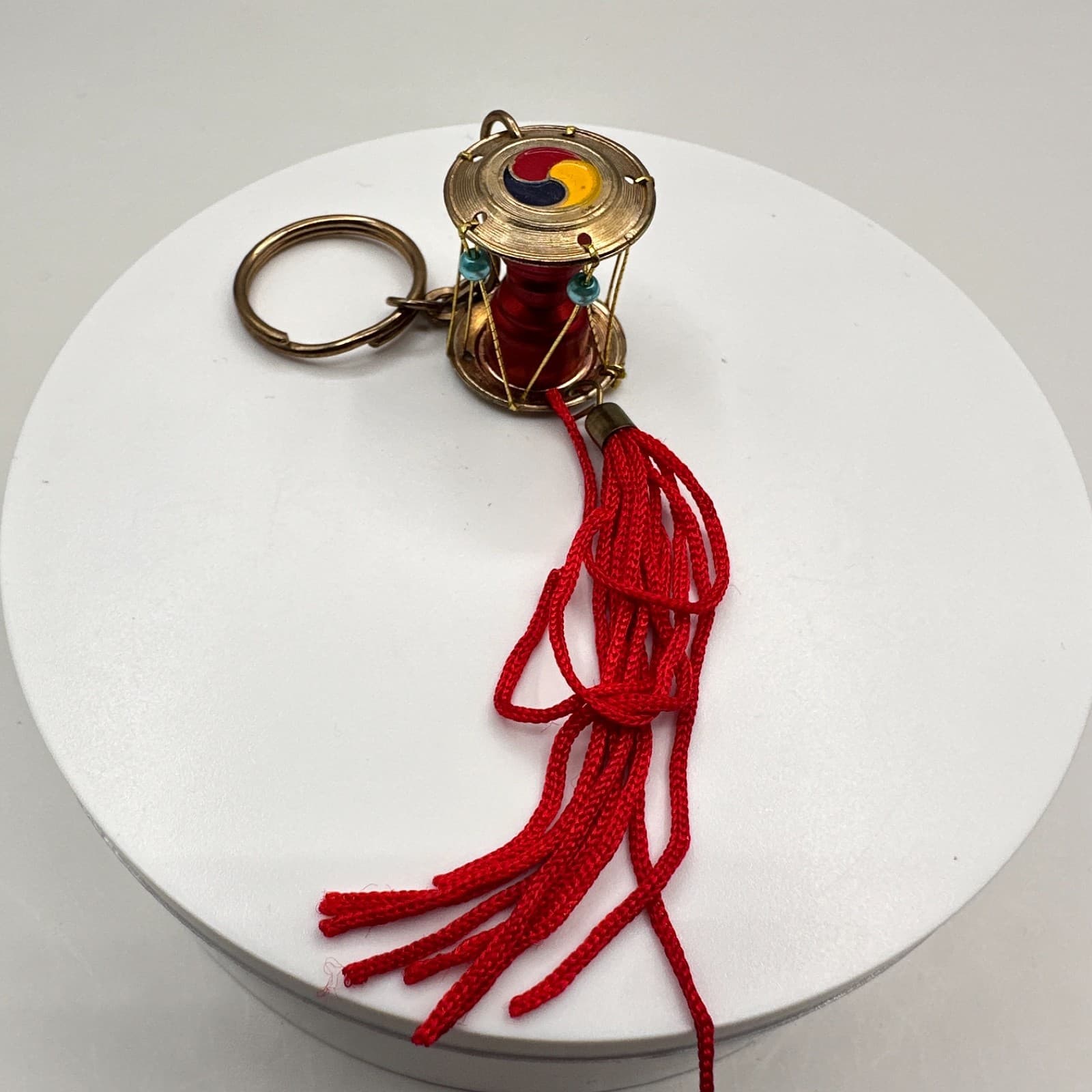 Vintage 90s Korean Janggu Drum Keychain Red Tassel Blue Bead Traditional Style - Image 1