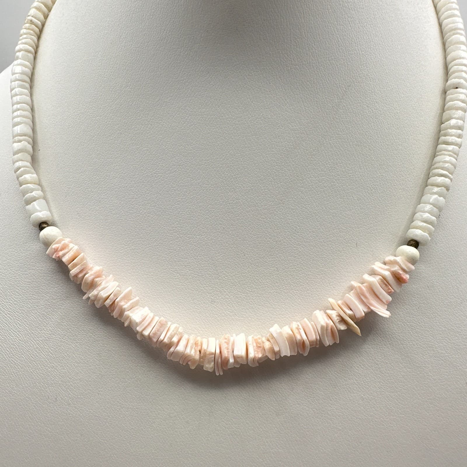 Vintage Y2K Pink Heishe Shell Necklace White Bead Boho Choker Statement Jewelry - Image 1