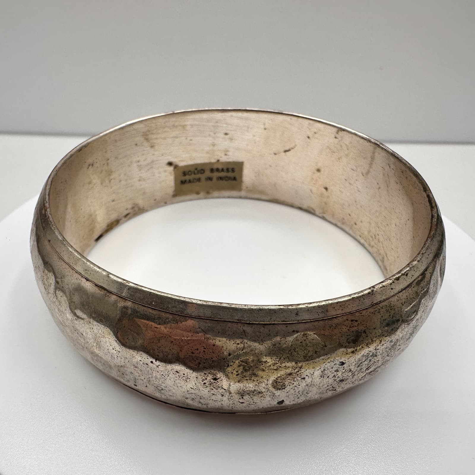 Vintage 90s Solid Brass Bracelet Silver Tone Hammered Women's Classic Jewelry - Image 1