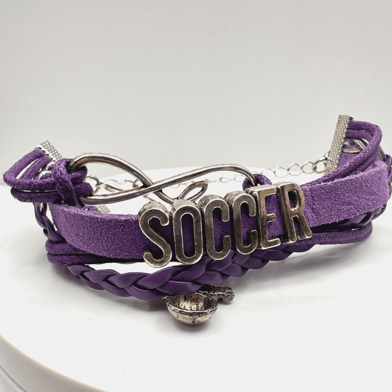 Vintage 90s Purple Leather Soccer Bracelet Infinity Love Sports Charm Adjustable - Image 1