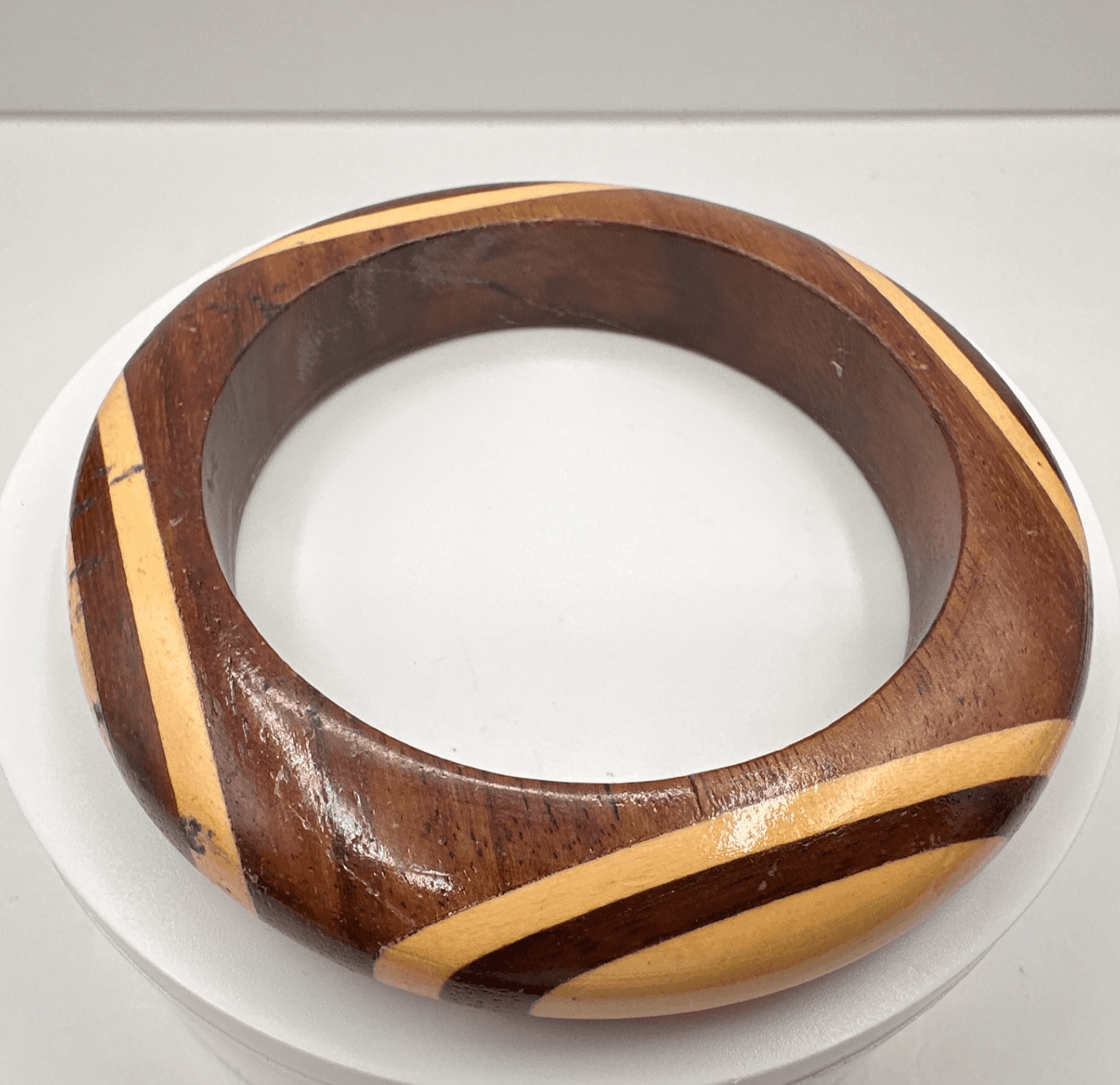 Vintage 90s Wooden Bracelet Chunky Inlaid Striped Boho Statement Women's Jewelry - Image 1