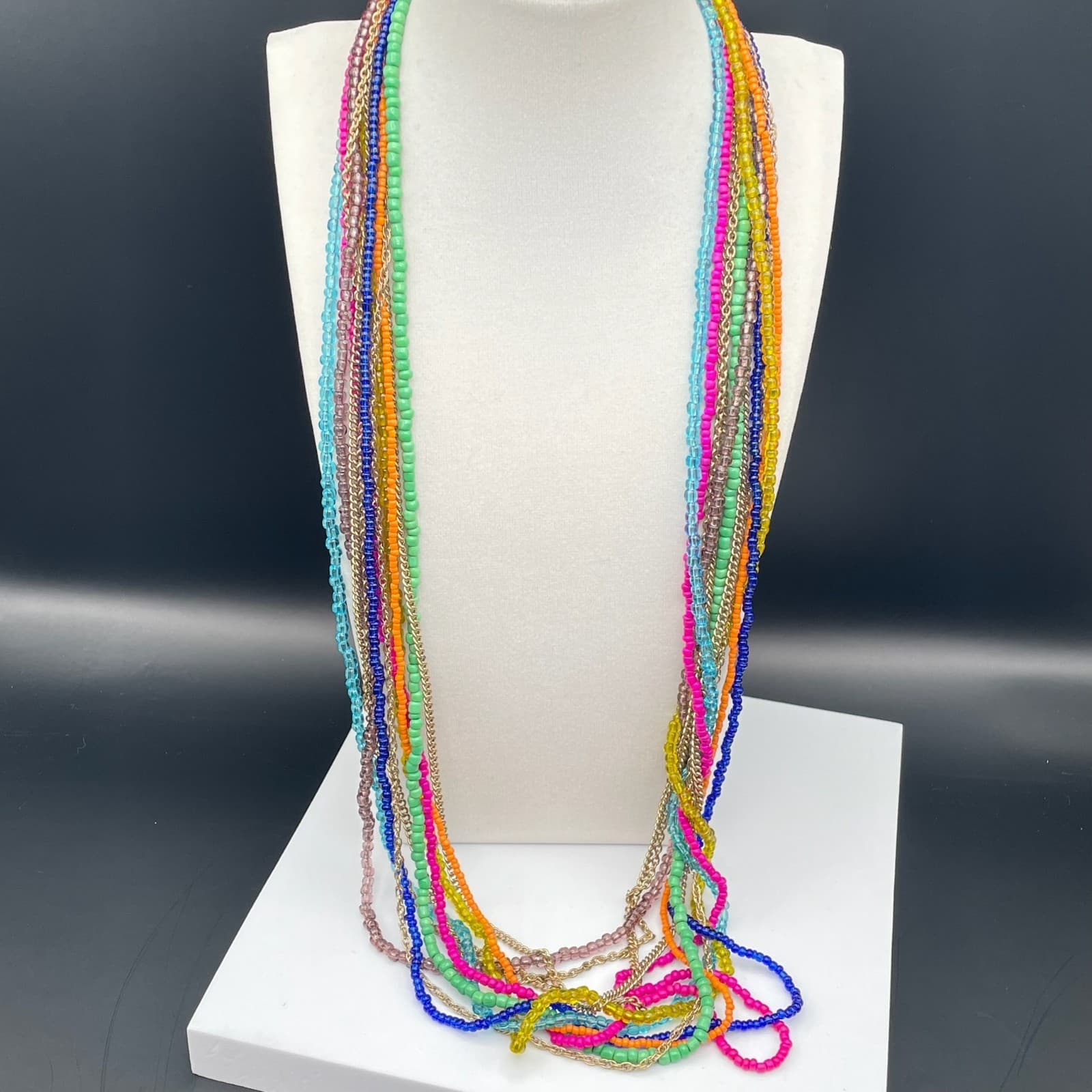 Vintage Multi-Strand Seed Bead Chain Charm Necklace Bohemian Hippie Jewelry - Image 1