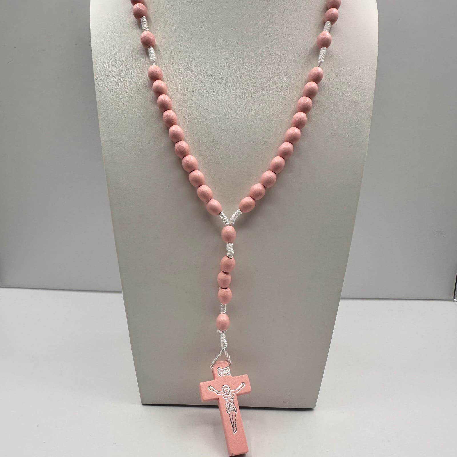 Vintage 80s Pink Wood Bead Rosary Necklace INRI Catholic Crucifix Religious - Image 1