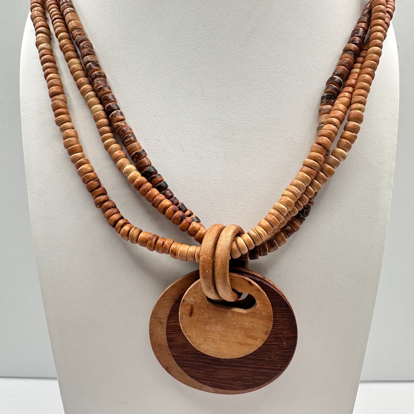 Vintage 80s Multi-strand wooden bead necklace with two circular pendants jewelry - Image 1