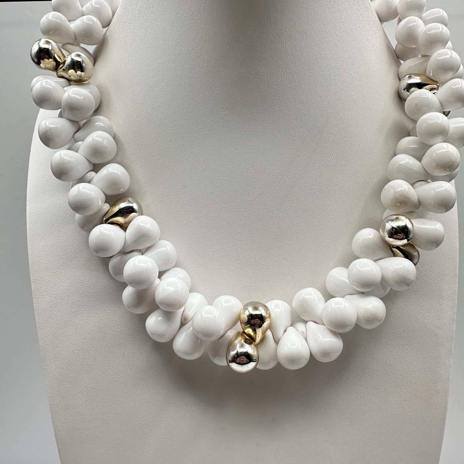 Vintage 80s White Teardrop Bead Necklace Gold Tone Accents Chunky Statement - Image 1