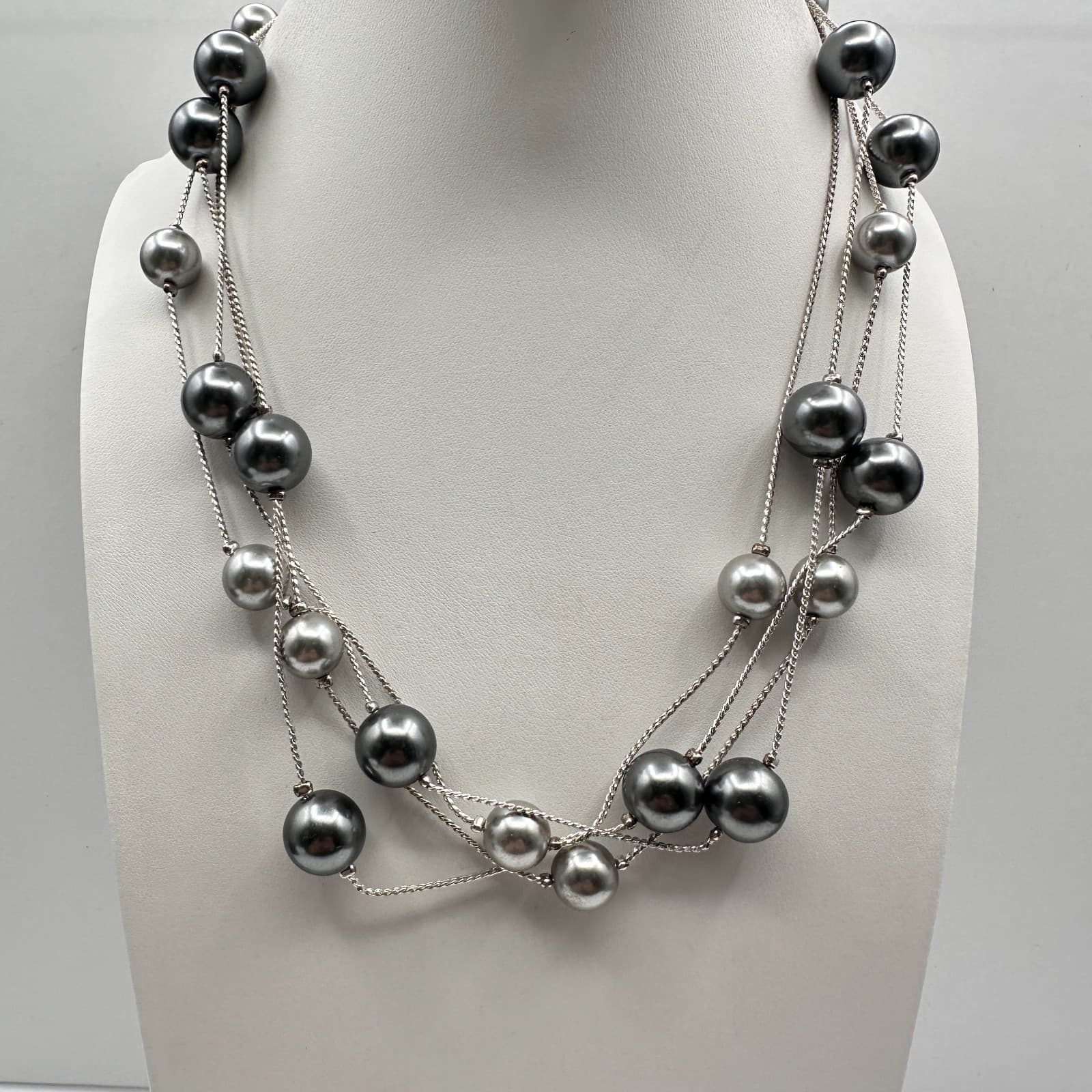 Vintage 90s Multi Strand Grey Faux Pearl Station Beads Necklace Silver Tone - Image 1