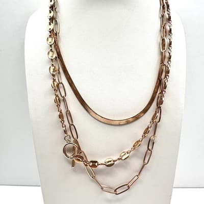 Necklace Gold Tone Multi Strand Layered Herringbone Paperclip Coffee Bean Chain - Image 1