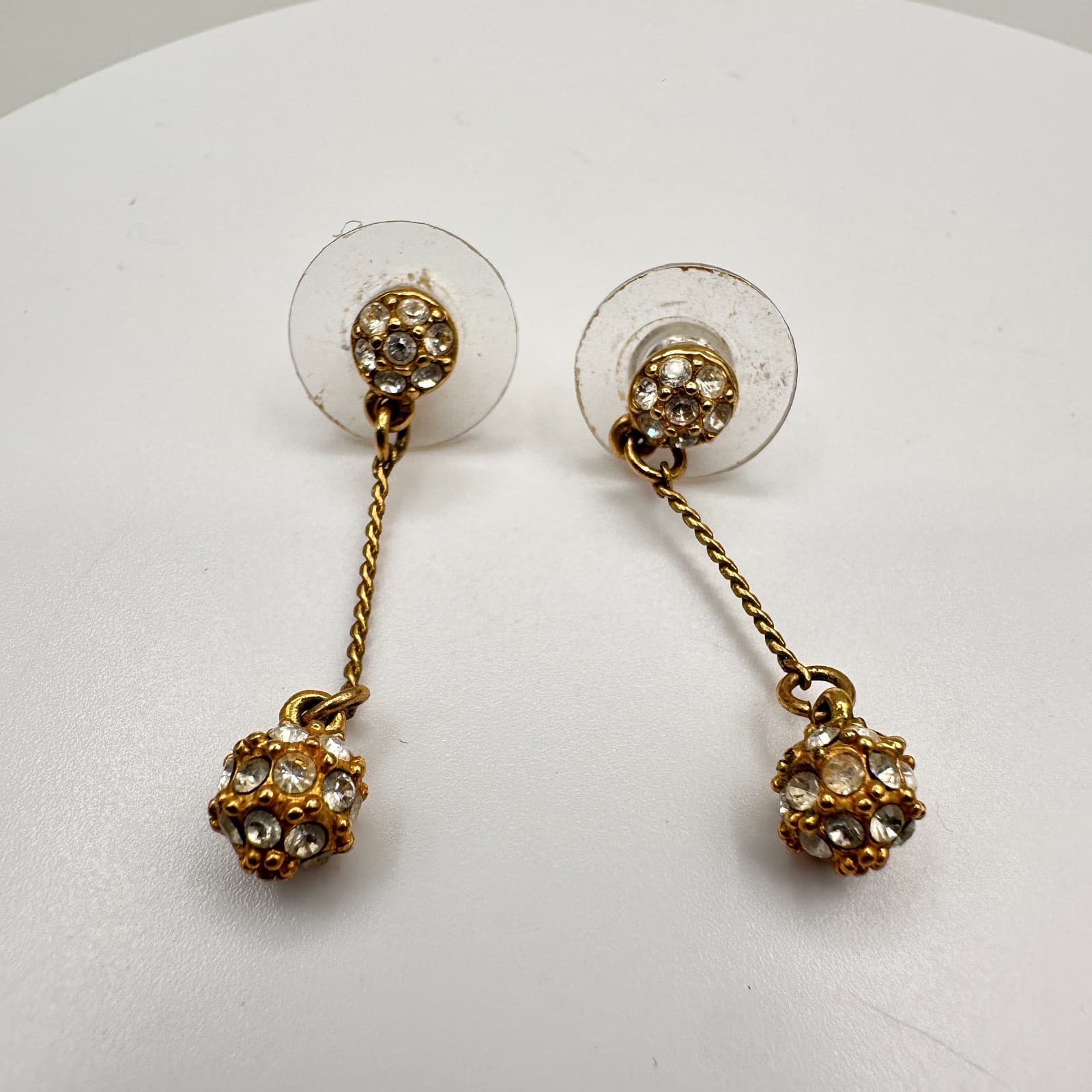 Vintage Y2K Gold Tone Pave Disco Ball Dangle Earrings Clear Crystal Rhinestone - Image 1