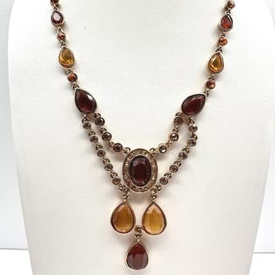 Vintage Y2K Amber Rhinestone Teardrop Bib Necklace Gold Tone Statement Jewelry - Image 1