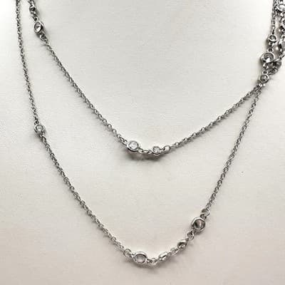 Necklace Silver Tone Double Strand Clear Rhinestone Bezel Set Statement Chain - Image 1
