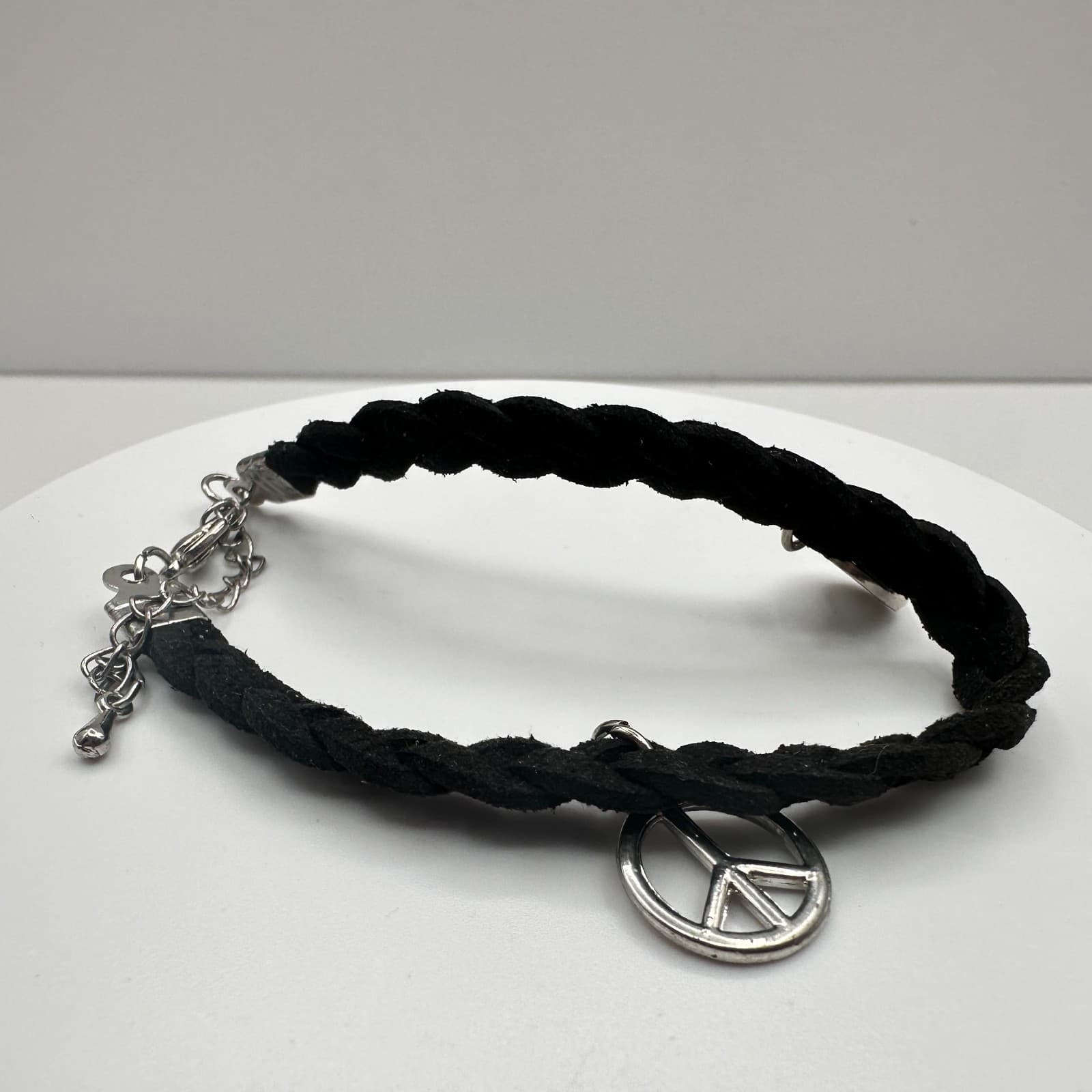 Vintage 90s Black Braided Suede Charm Bracelet Peace Sign Boho Women's Jewelry - Image 1
