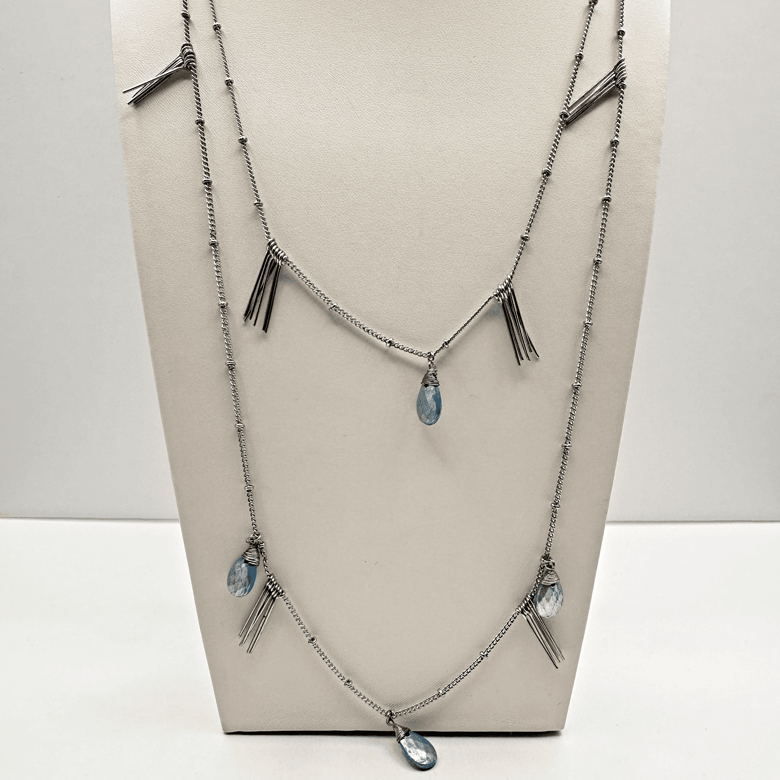 Vintage 90s Silver Tone Blue Stone Fringe Double Strand Necklace Women's Jewelry - Image 1