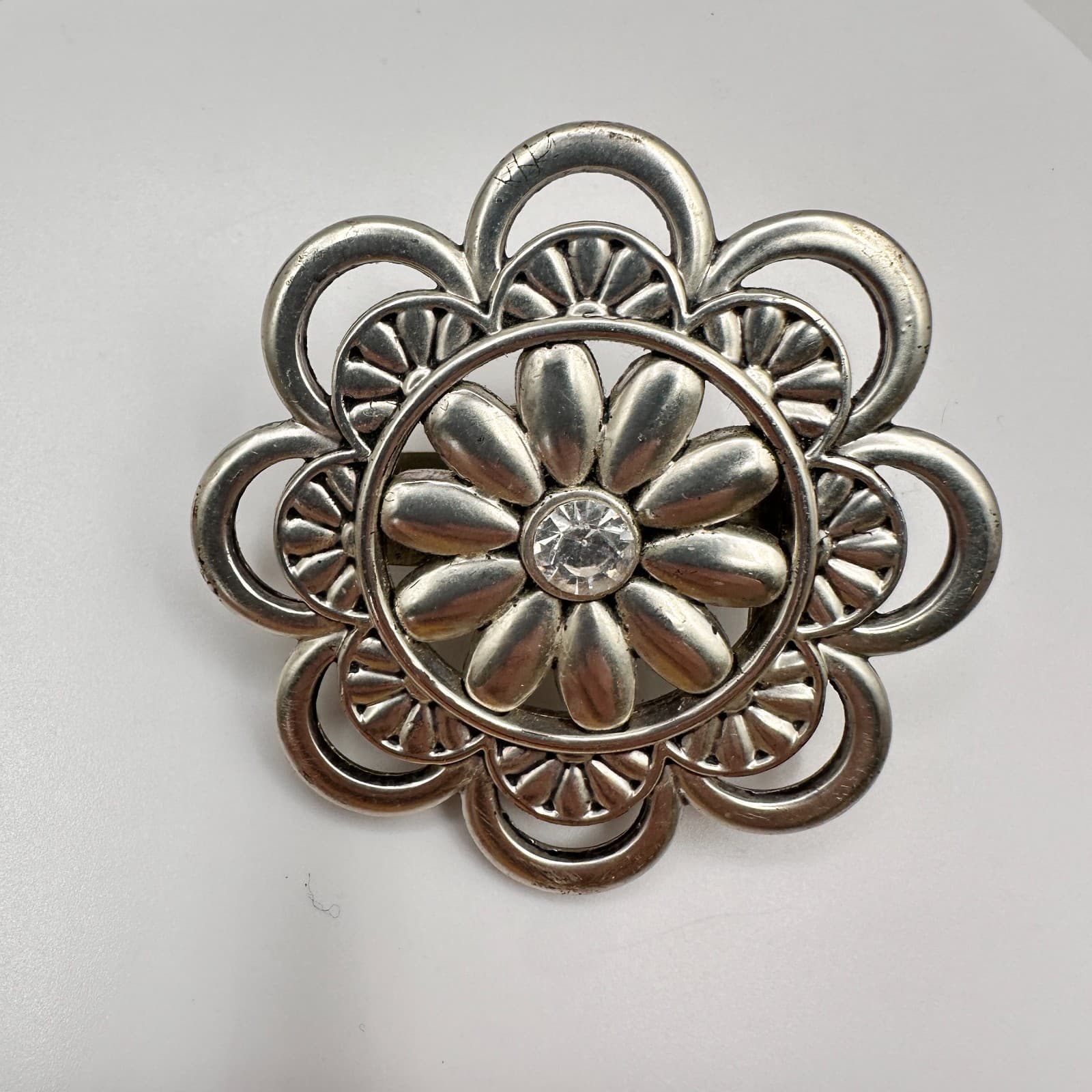 Vintage 90s Silver Tone Floral Brooch Pin Clear Rhinestone Women's Jewelry - Image 1