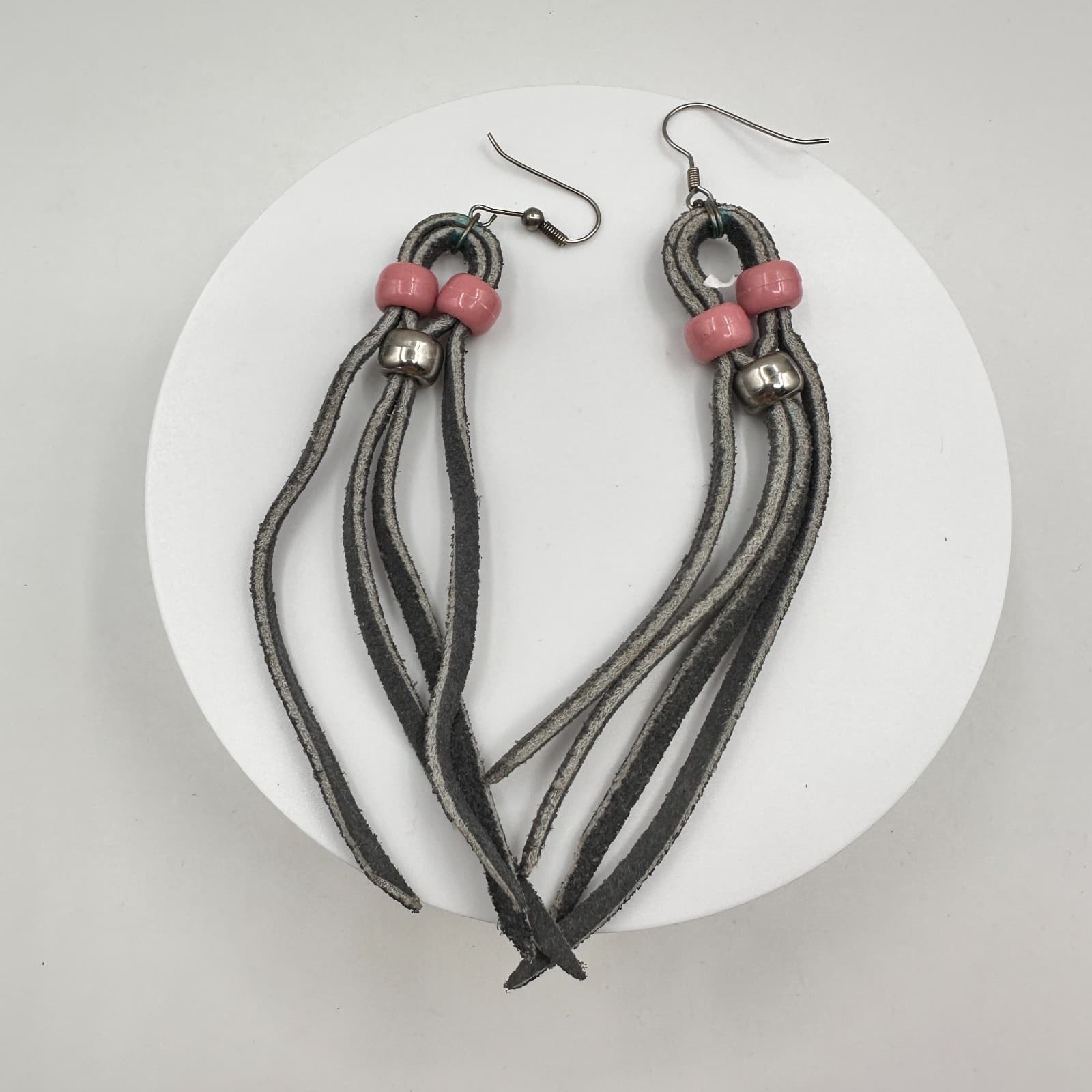 Vintage 90s Boho Leather Fringe Tassel Earrings Pink Silver Beads Gray Suede - Image 1
