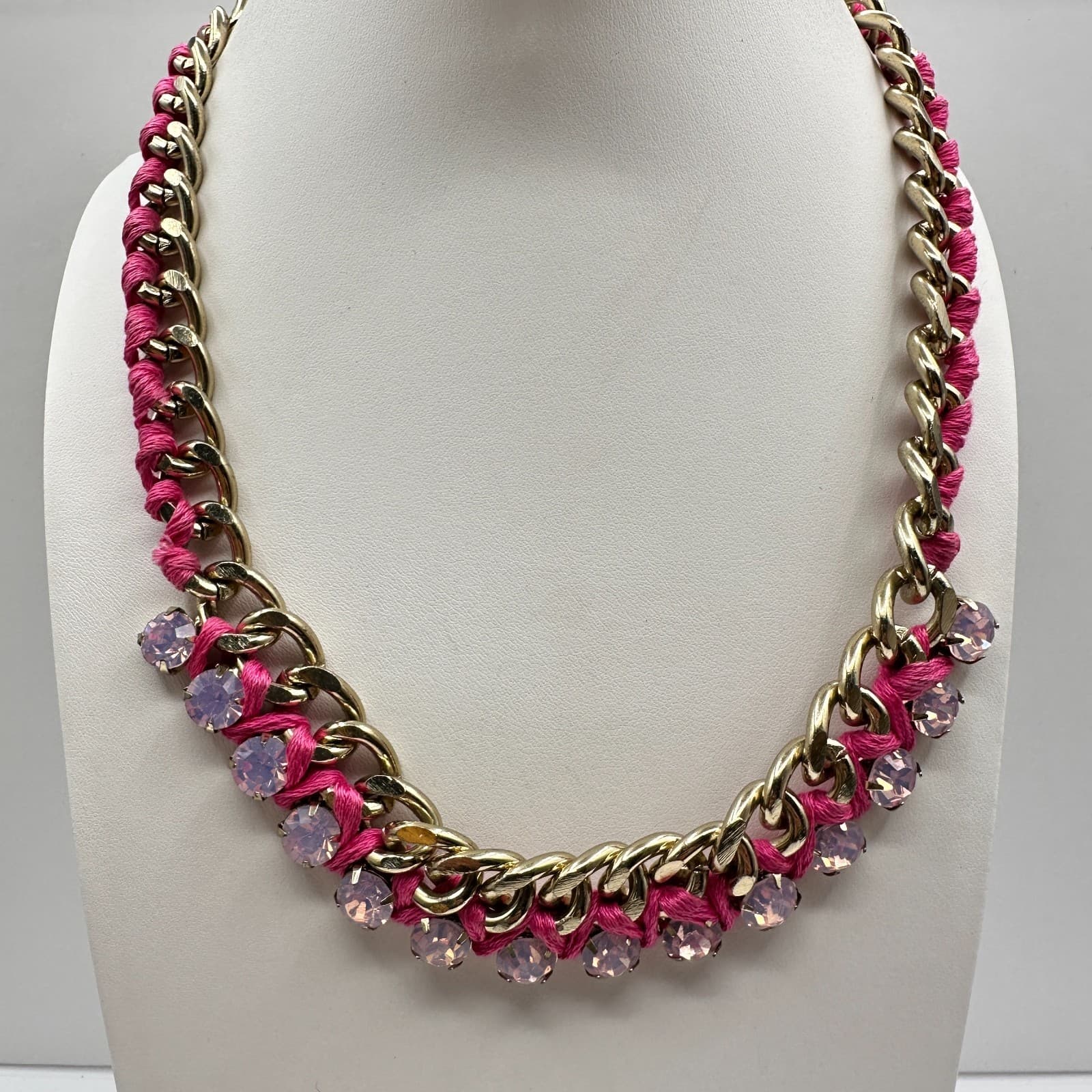 Vintage 90s Pink Wrap Gold Tone Curb Chain Necklace Rhinestone Glass Jewelry - Image 1